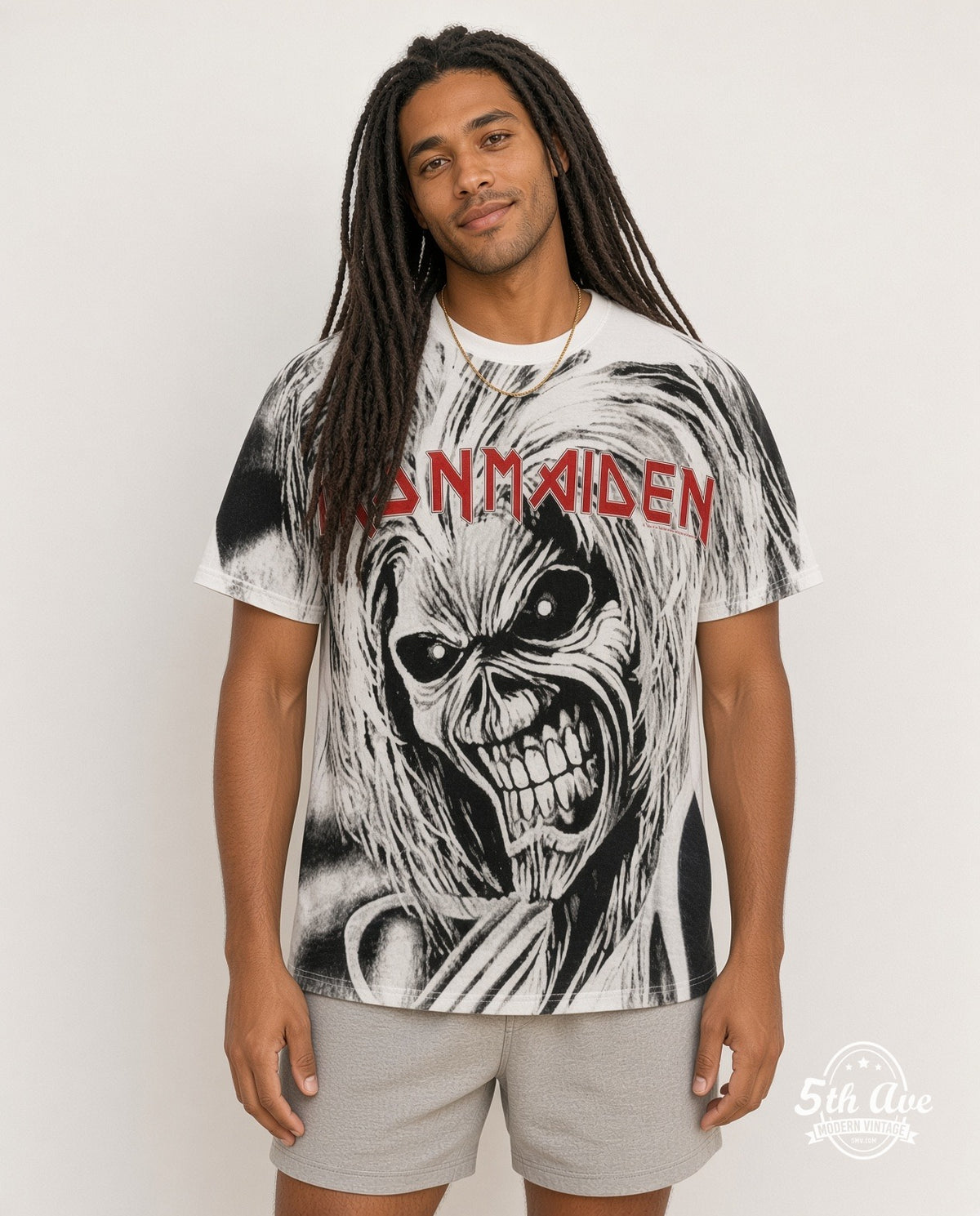 Model wearing Iron Maiden Eddie Face white all over print vintage band tee