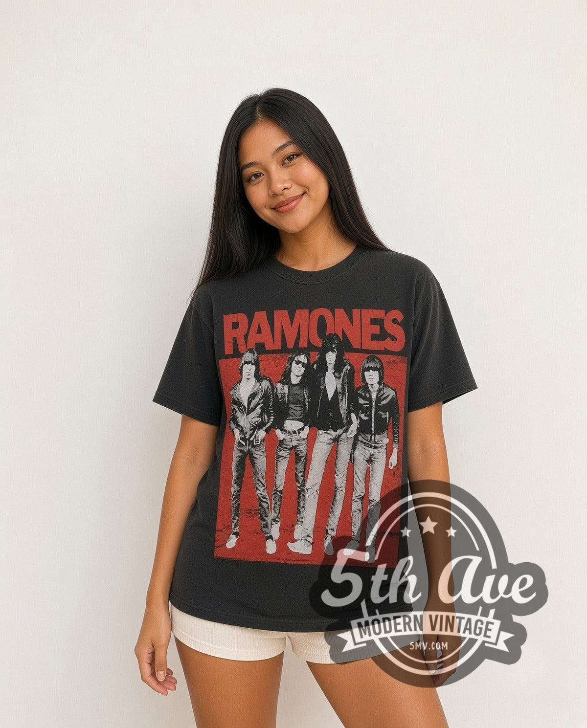 Model wearing the Ramones Band Photo Red Logo all-over-print vintage band t-shirt in black