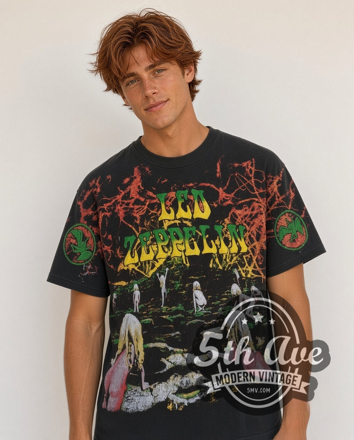 Model wearing the Led Zeppelin Houses of the Holy all-over-print vintage band t-shirt in black