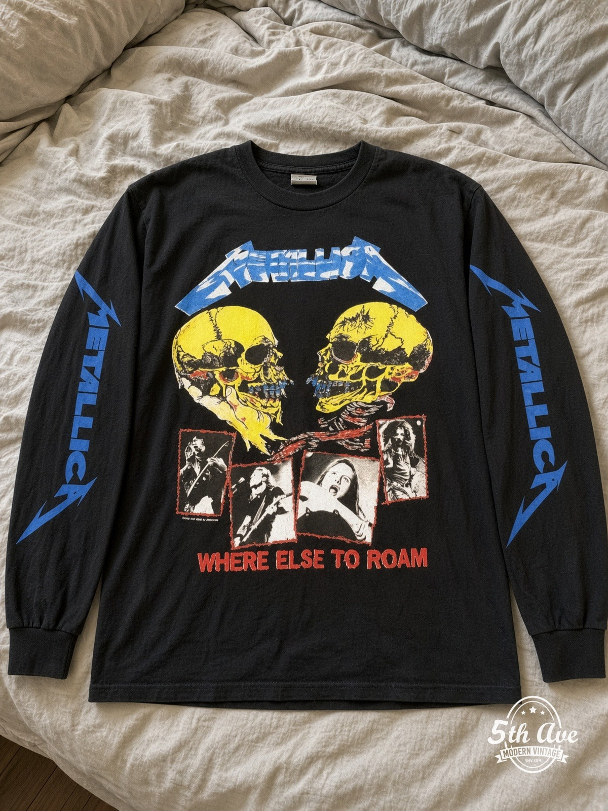 ETS LS 35 Metallica Where Else to Roam long sleeve vintage tee laid on a bed