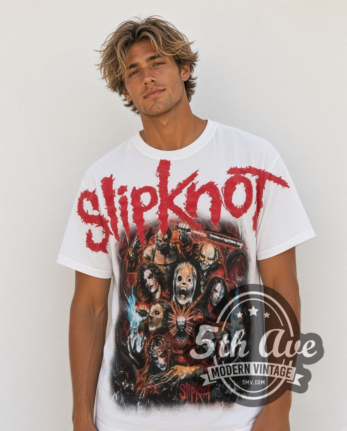 Model wearing the Slipknot Band Circle Nonagram all-over-print vintage band t-shirt in white