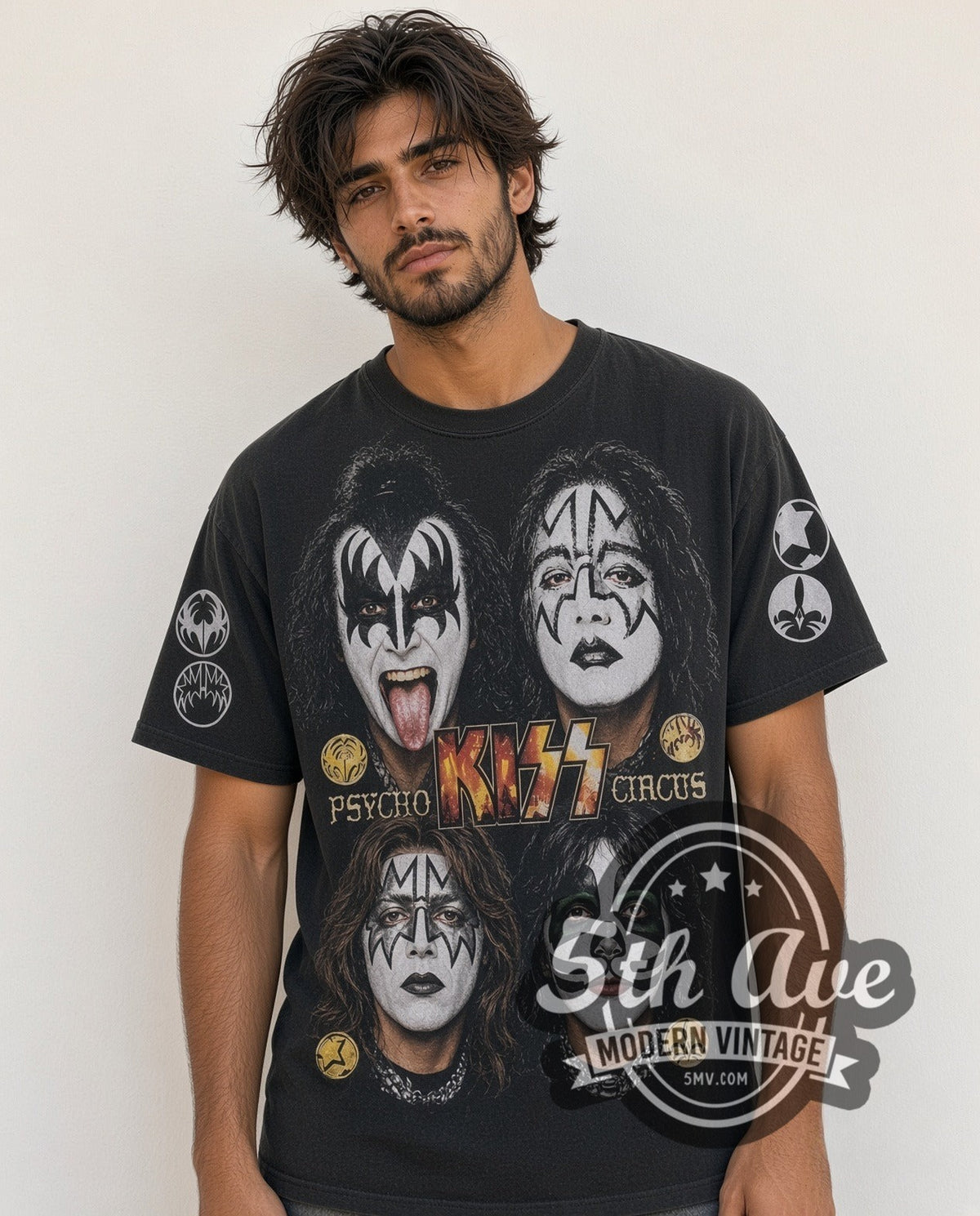 Model wearing the KISS Psycho Circus Mexico 1999 all-over-print vintage band t-shirt in black