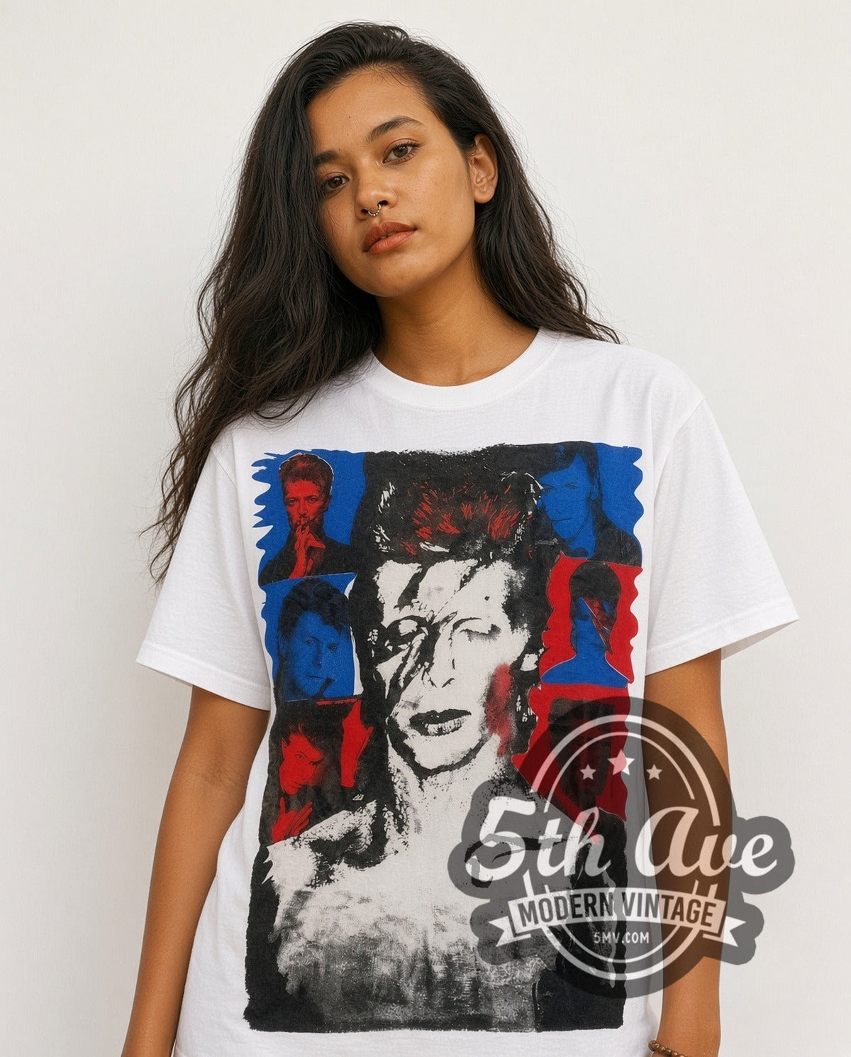 Model wearing the David Bowie Aladdin Sane all-over-print vintage band t-shirt in white