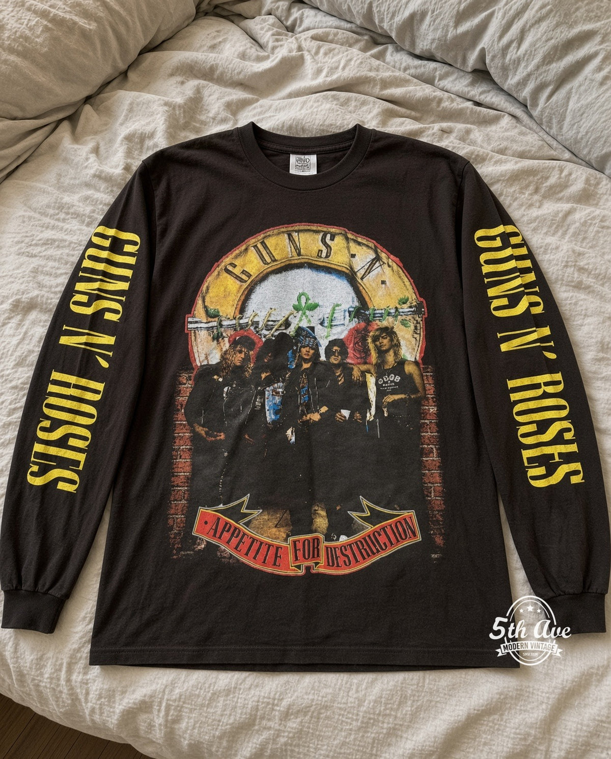 ETS LS 37 Guns N' Roses Appetite for Destruction long sleeve vintage tee laid on a bed