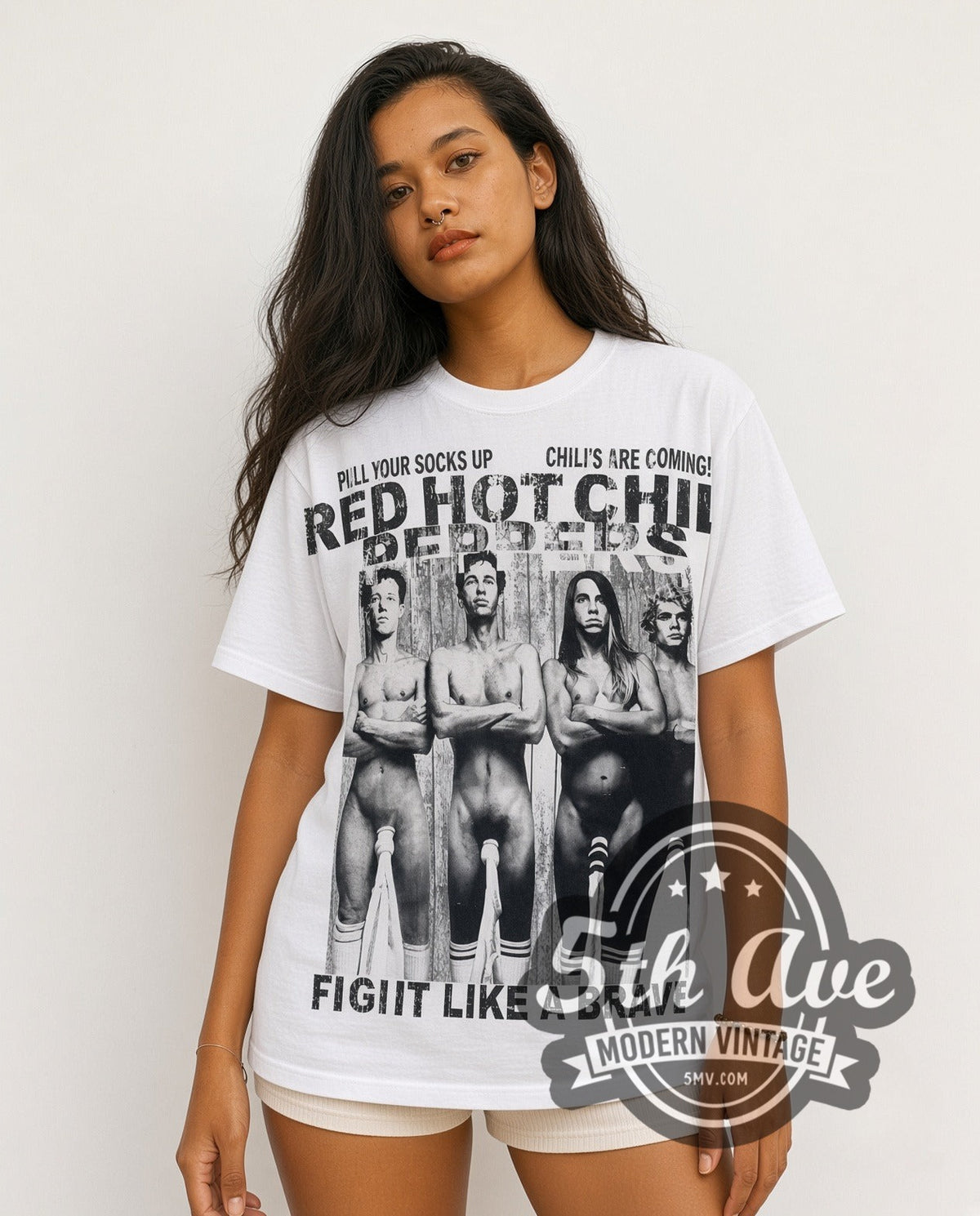 Model wearing the Red Hot Chili Peppers Fight Like A Brave all-over-print vintage band t-shirt in white