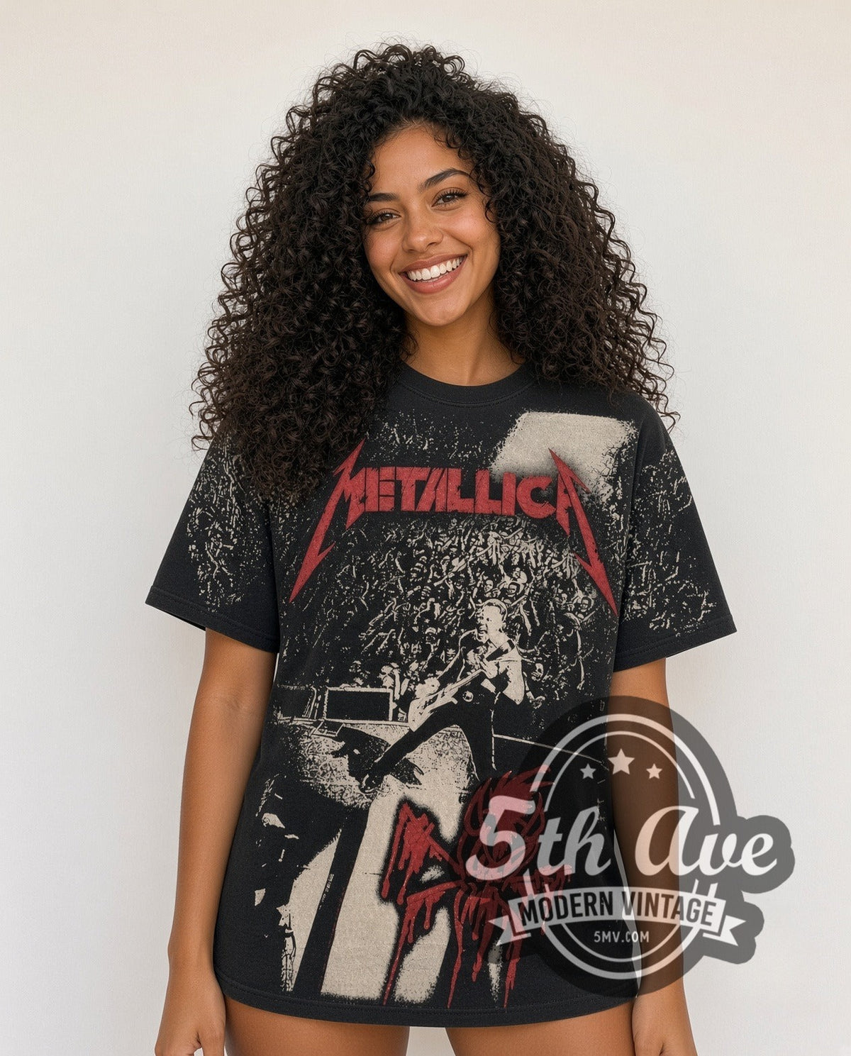 Model wearing the Metallica Stage Right 01 all-over-print vintage band t-shirt in black
