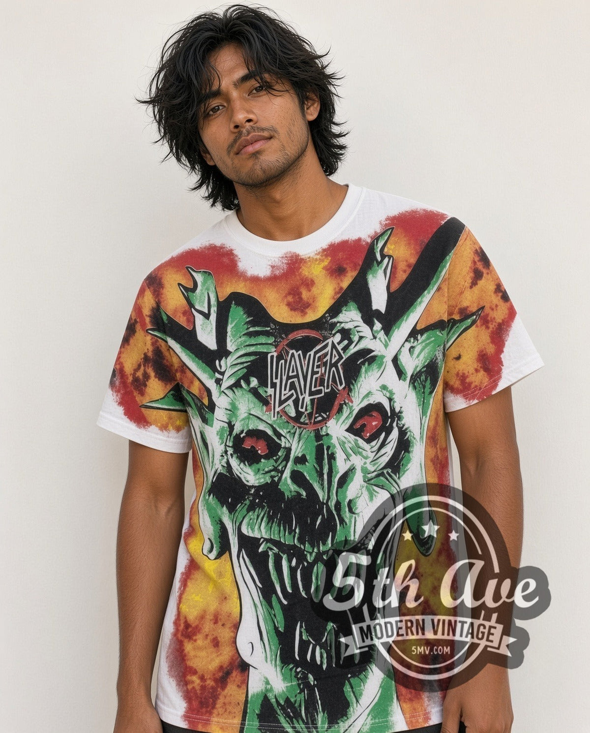Model wearing the Slayer Demon Flames all-over-print vintage band t-shirt in white