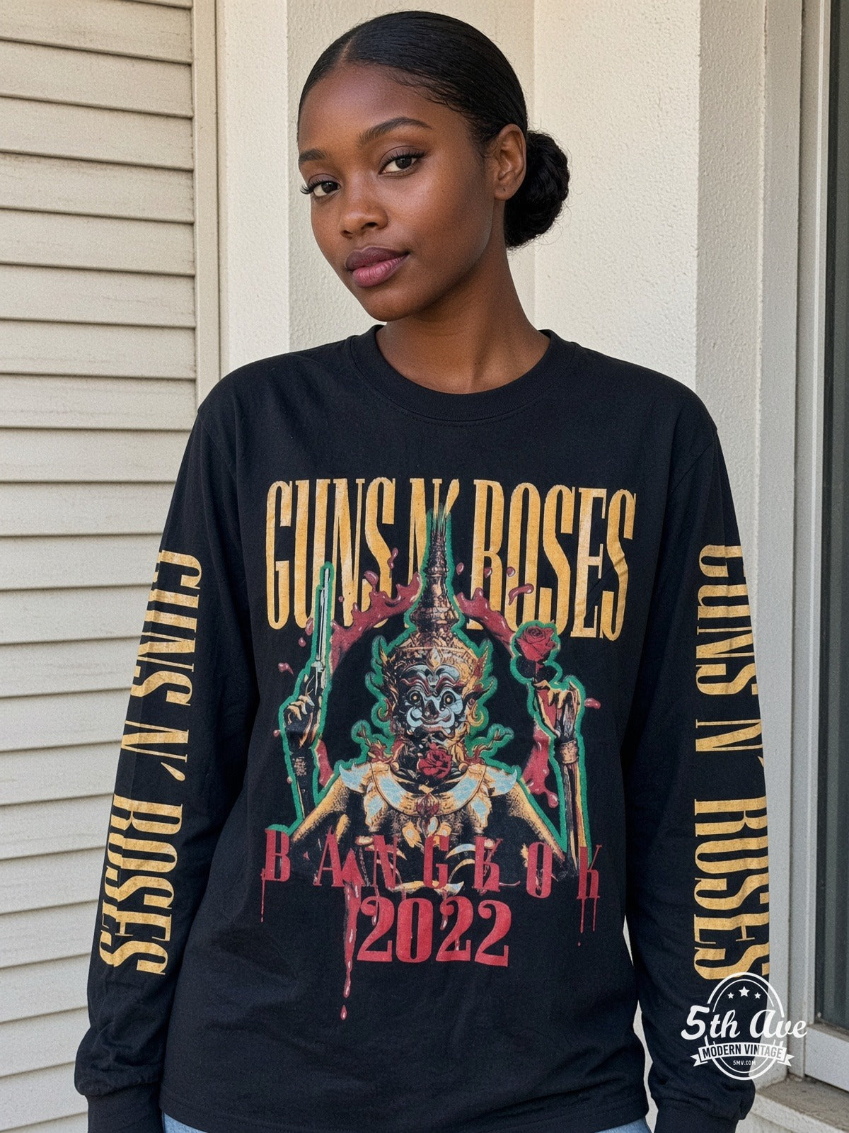ETS LS 39 Guns N' Roses 2022 Concert Date long sleeve vintage tee worn by a model