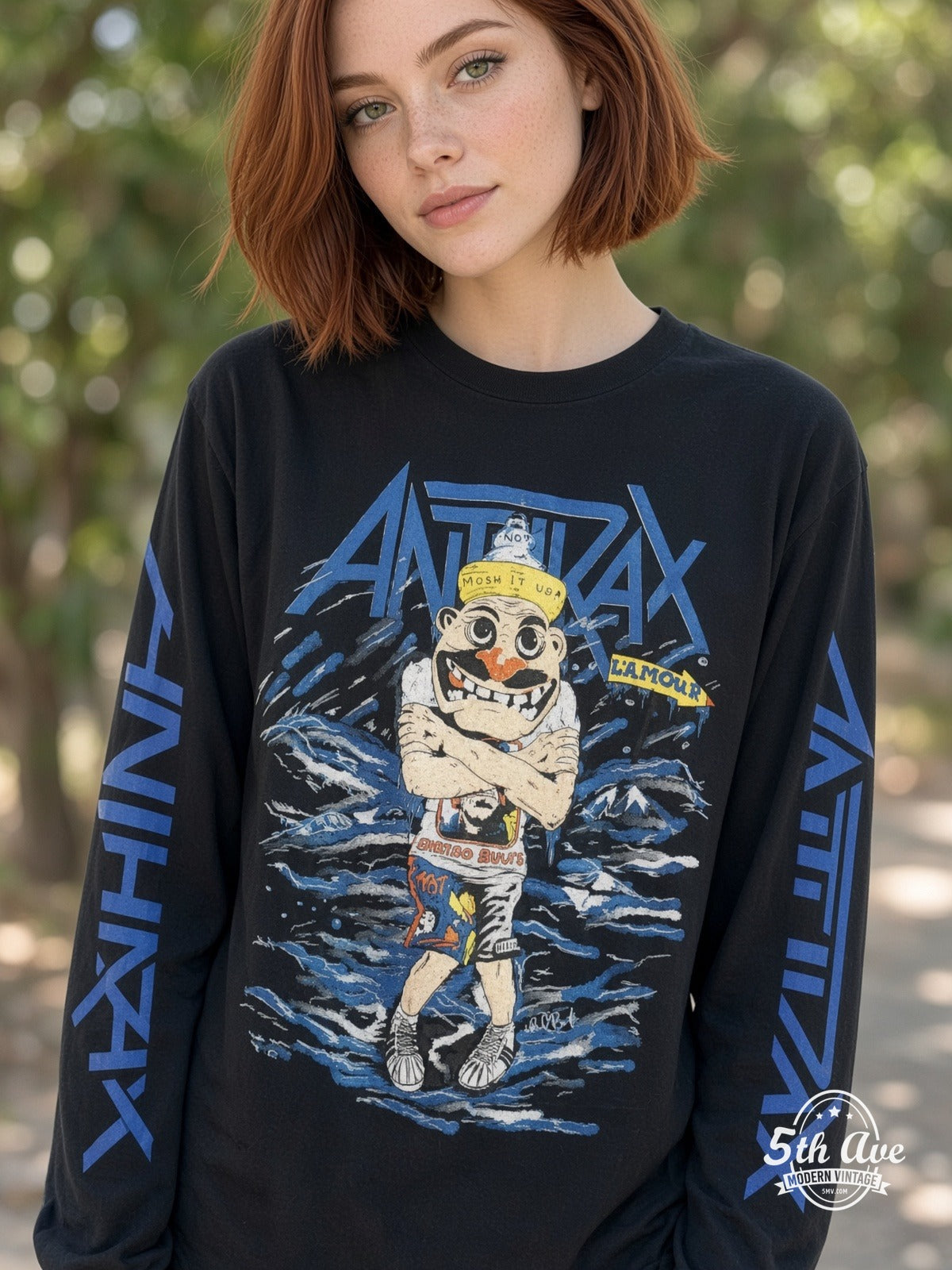 ETS LS 41 Anthrax L'Amour Cartoon long sleeve vintage tee worn by a model