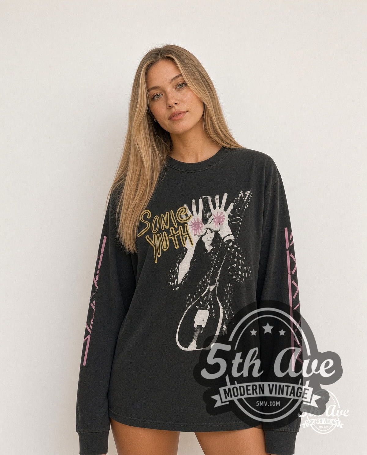 Model wearing the Sonic Youth Sister / Kim Gordon Pink Eyes Long Sleeve long sleeve vintage band t-shirt