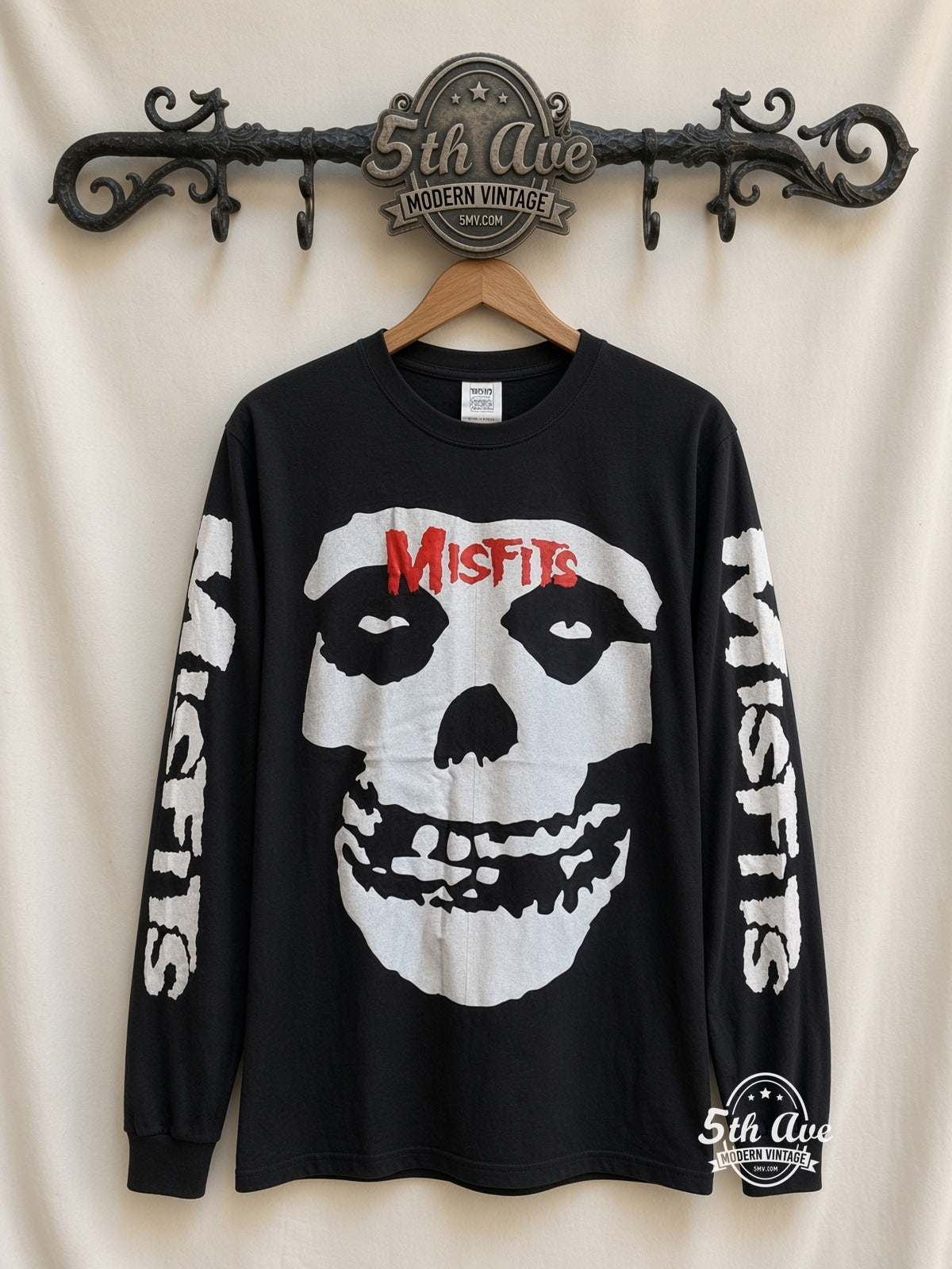 ETS LS 42 Misfits Skull long sleeve vintage tee on rack, front