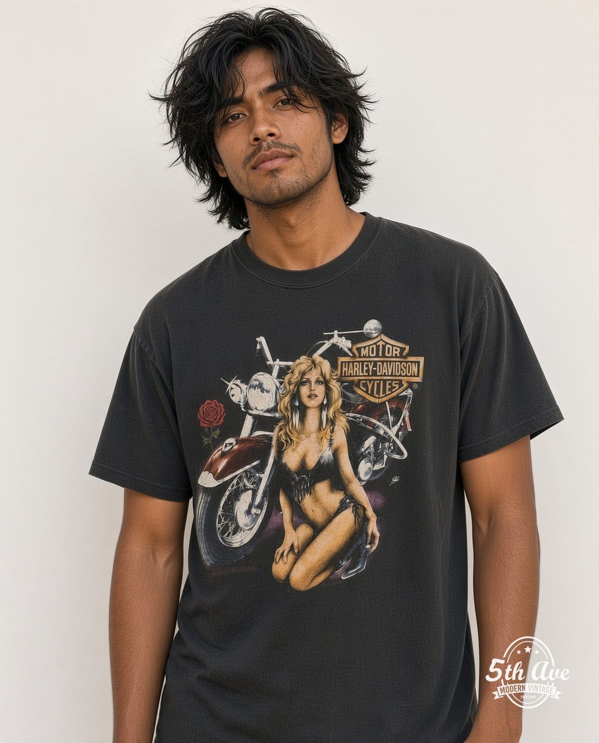 Model wearing the Harley-Davidson Supreme Milwaukee Fond du Lac Harley t-shirt