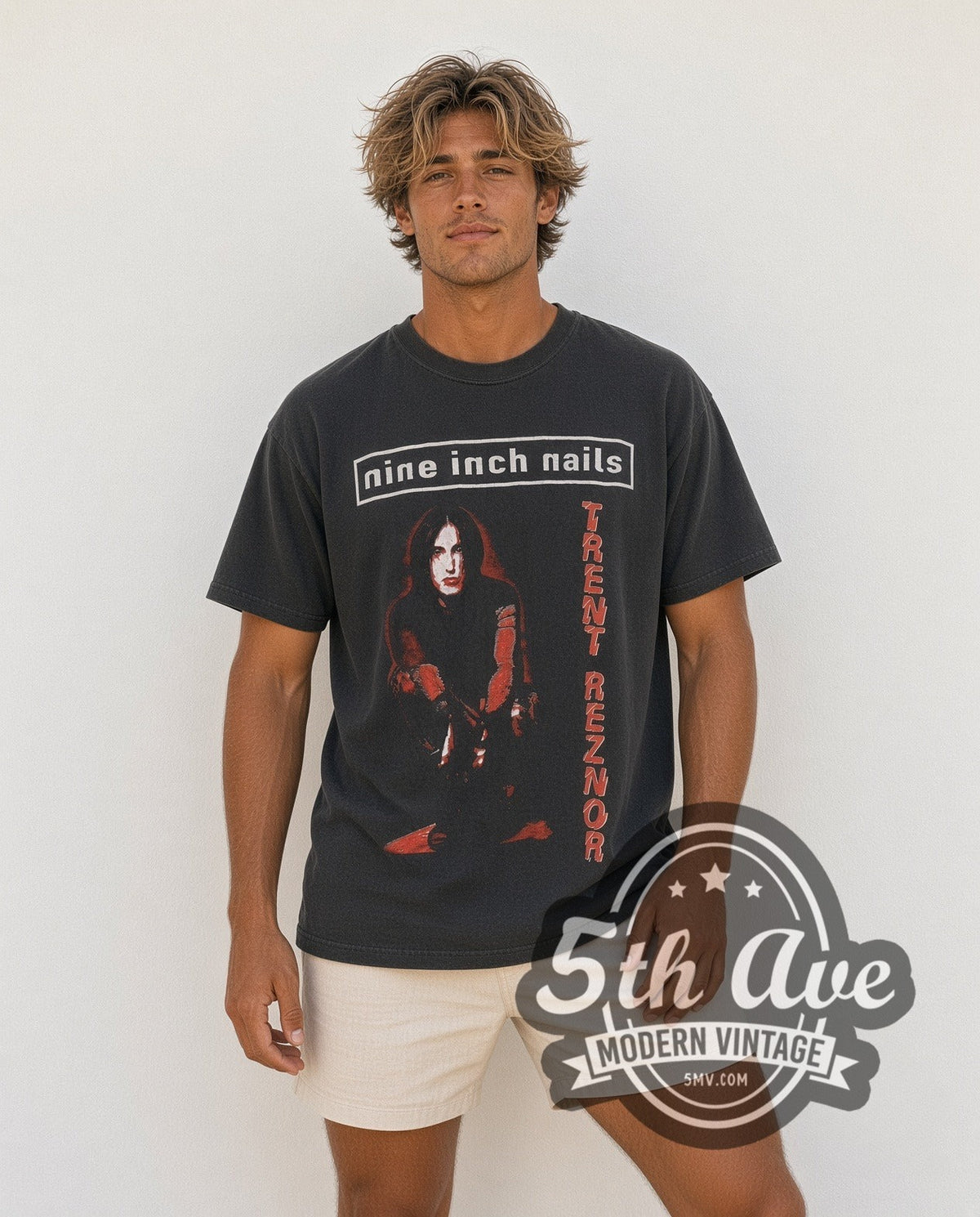 Model wearing the Nine Inch Nails Trent Reznor Portrait vintage band t-shirt