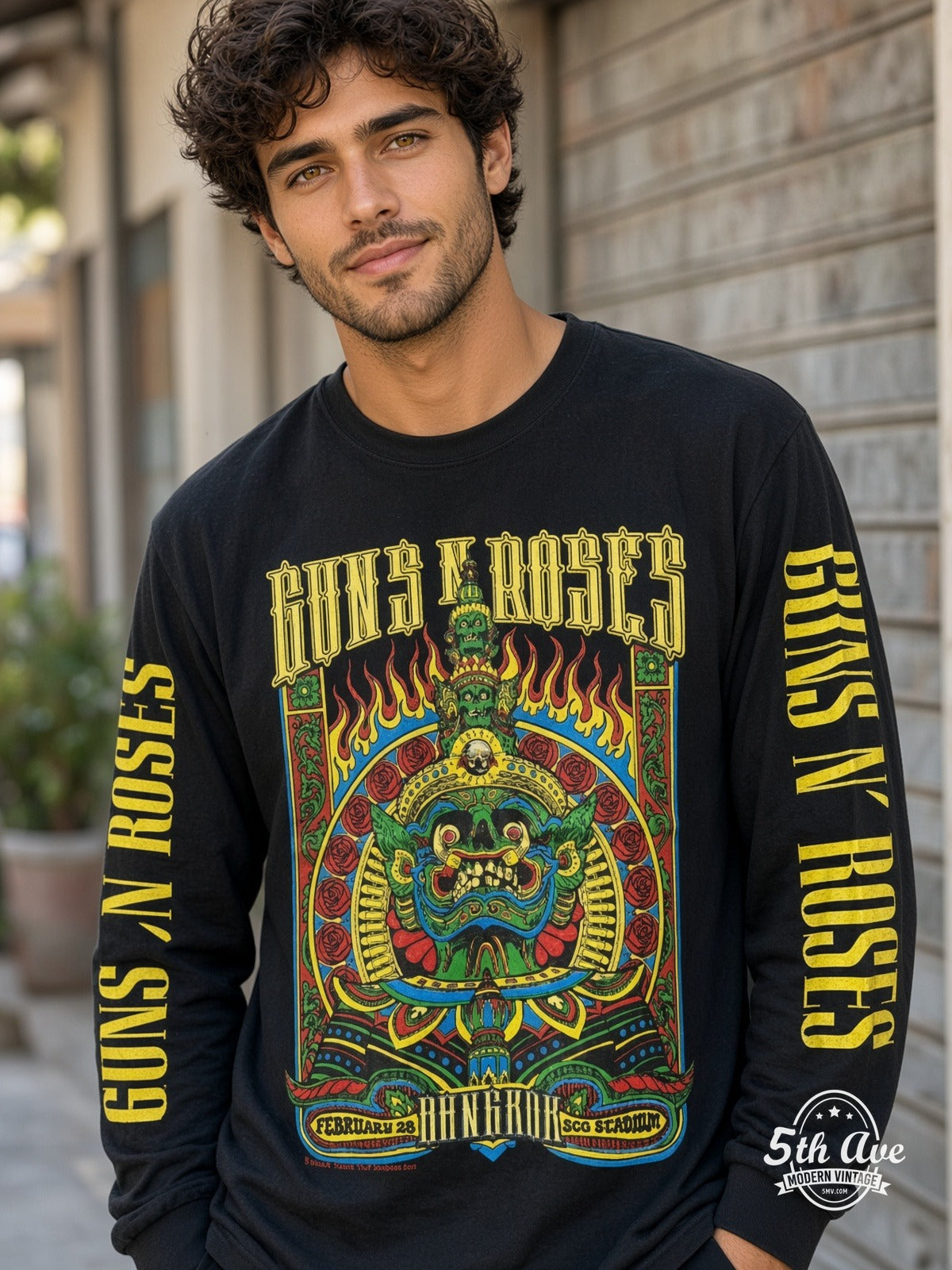 ETS LS 43 Guns N' Roses February 28 Concert Date long sleeve vintage tee worn by a model