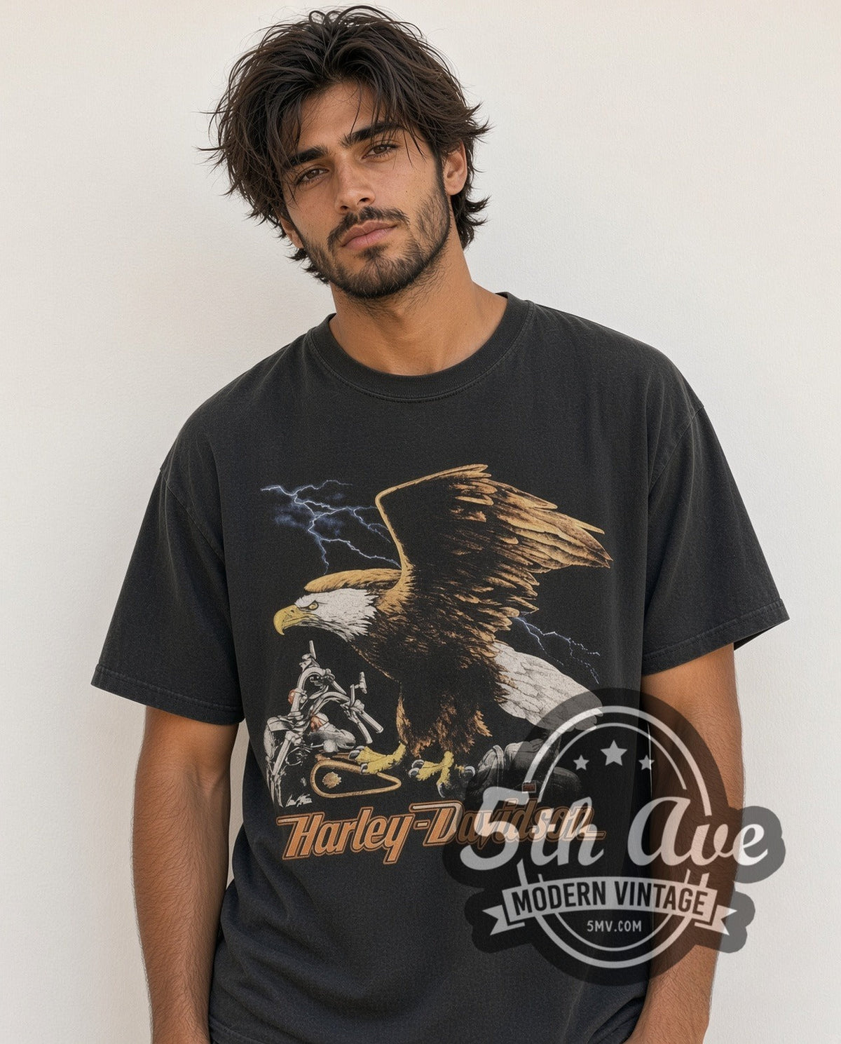 Model wearing the Harley-Davidson Lake Shore Waukegan Eagle vintage Harley t-shirt