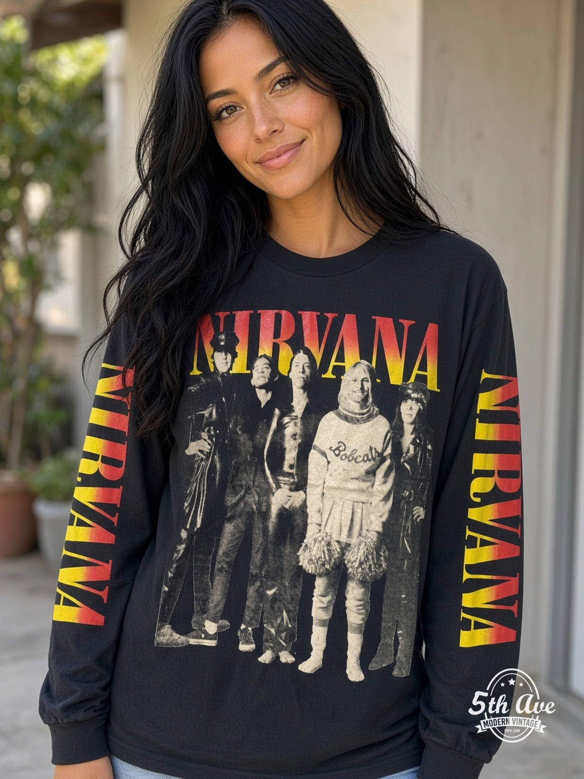 ETS LS 44 Nirvana Bobcats Photo long sleeve vintage tee worn by a model