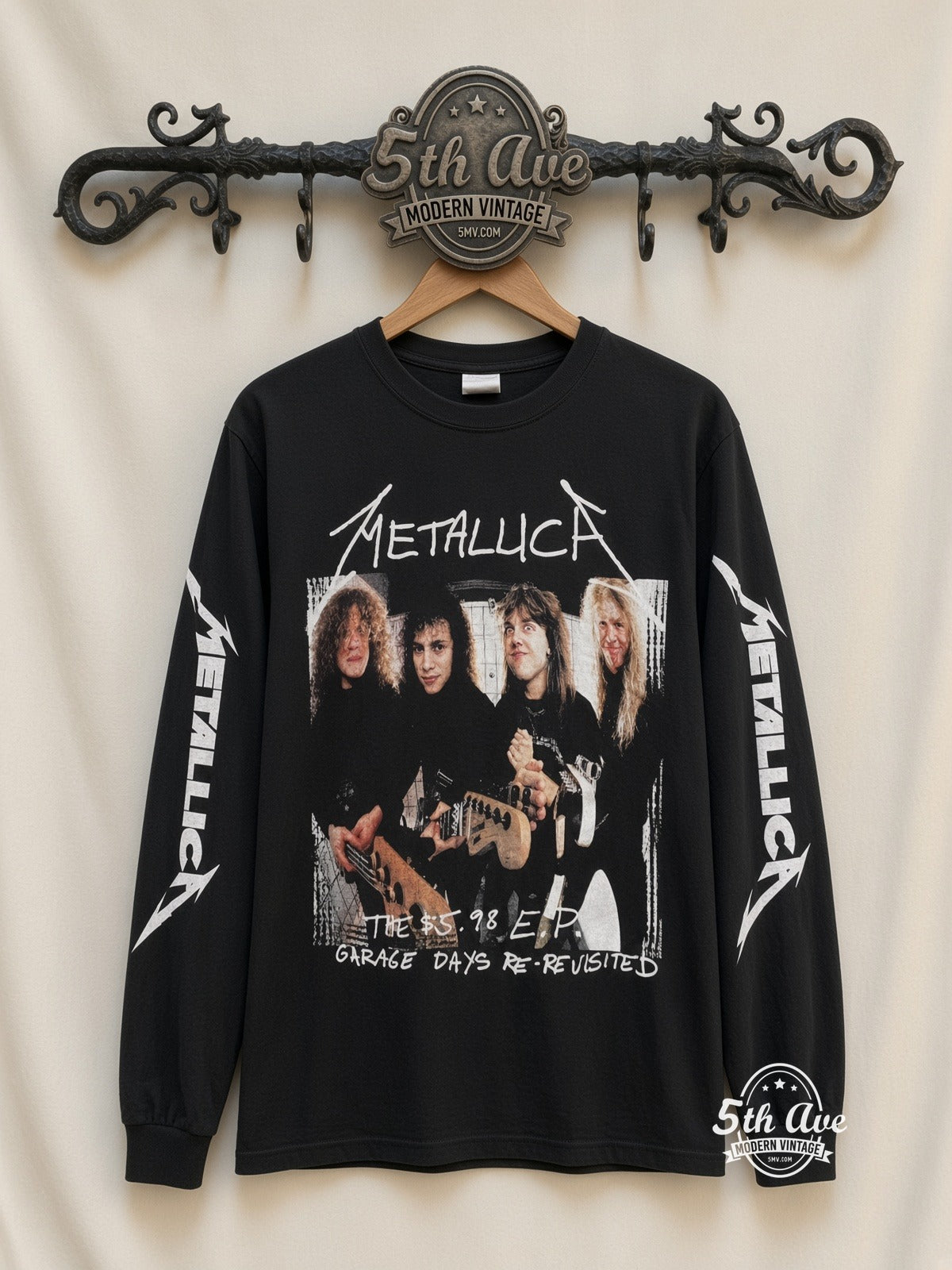 ETS LS 45 Metallica Garage Days Re-Revisited long sleeve vintage tee on rack, front