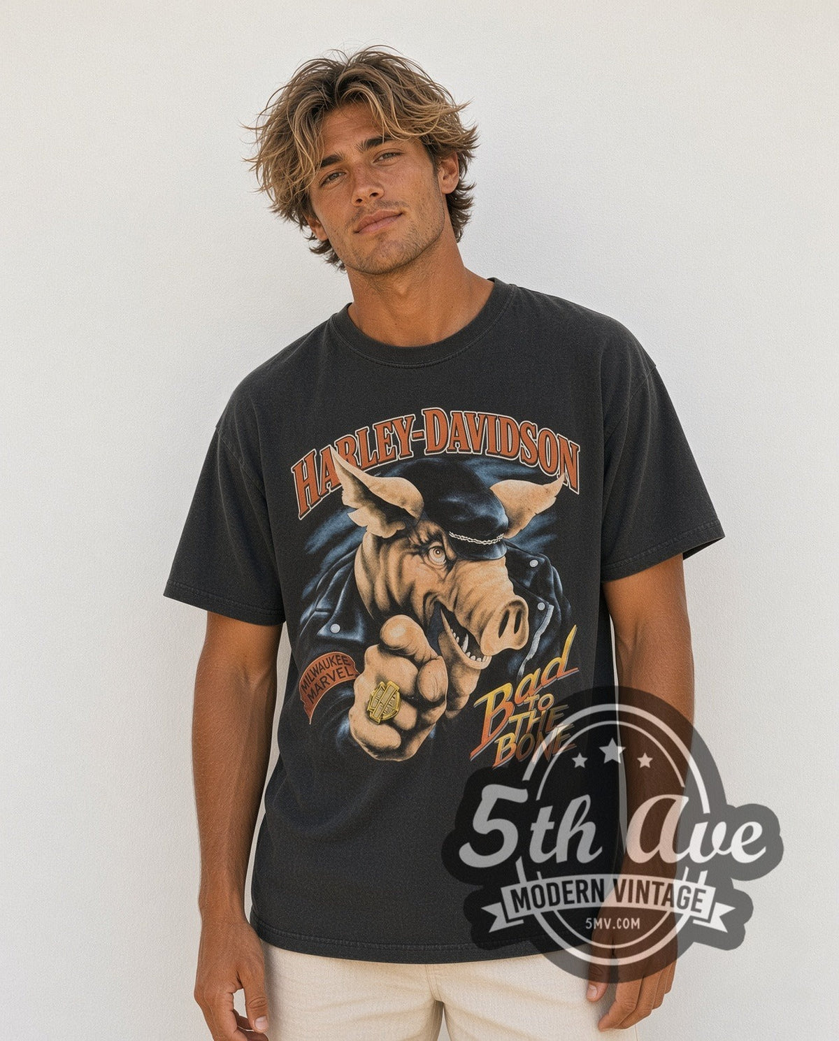 Model wearing the Harley-Davidson Bad to the Bone / Lake Shore Waukegan vintage Harley tee