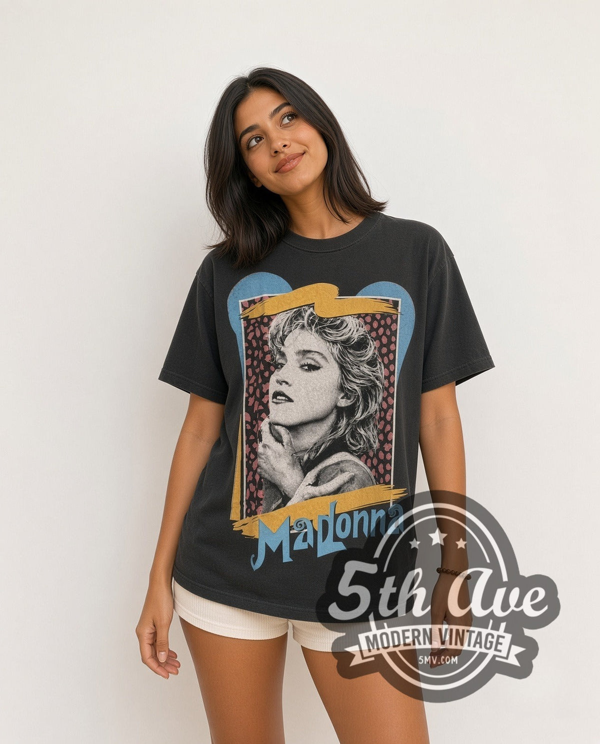 Model wearing the Madonna Leopard Frame Portrait vintage band t-shirt