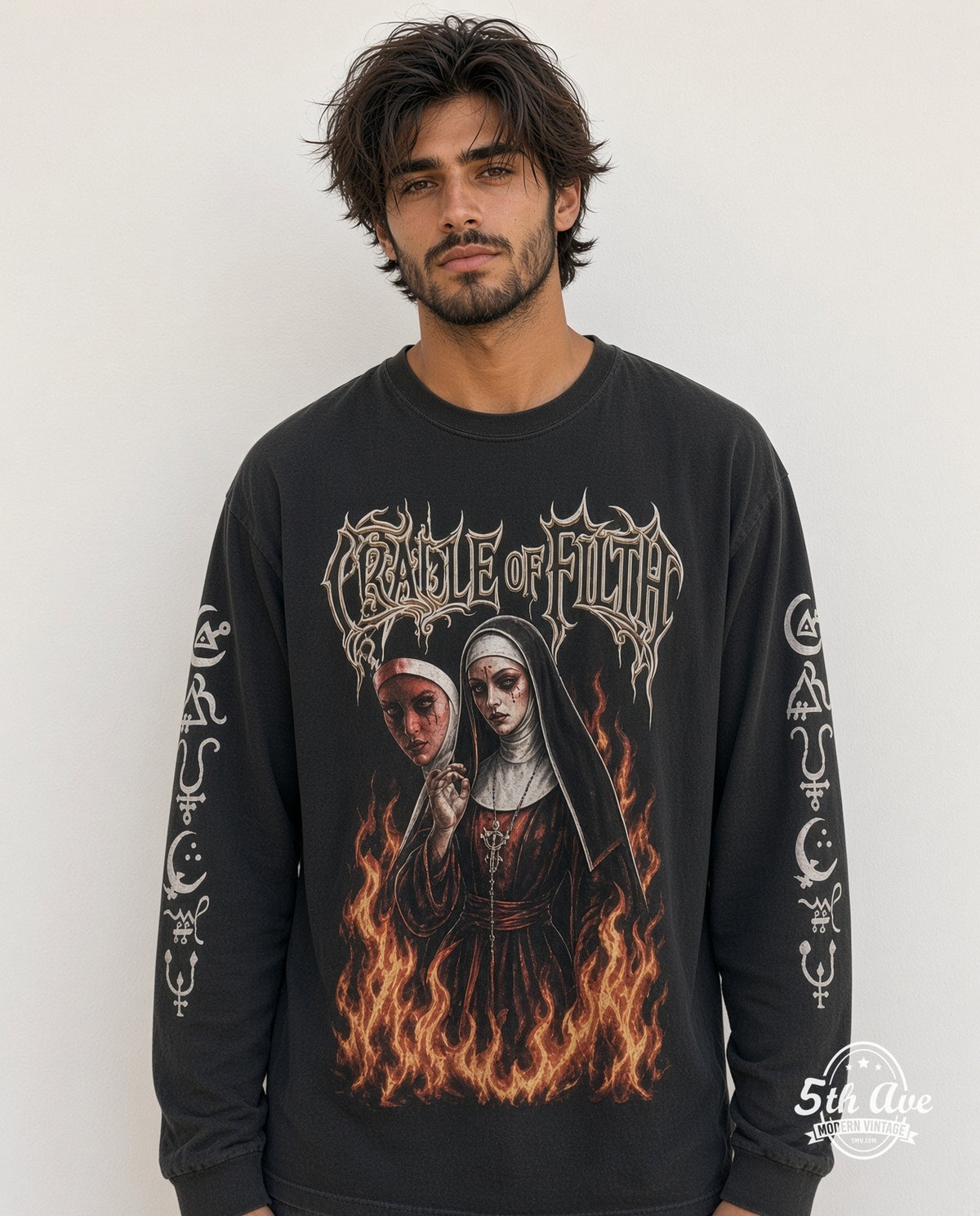 Model wearing the Cradle of Filth Cult of Venus Aversa long sleeve vintage band t-shirt