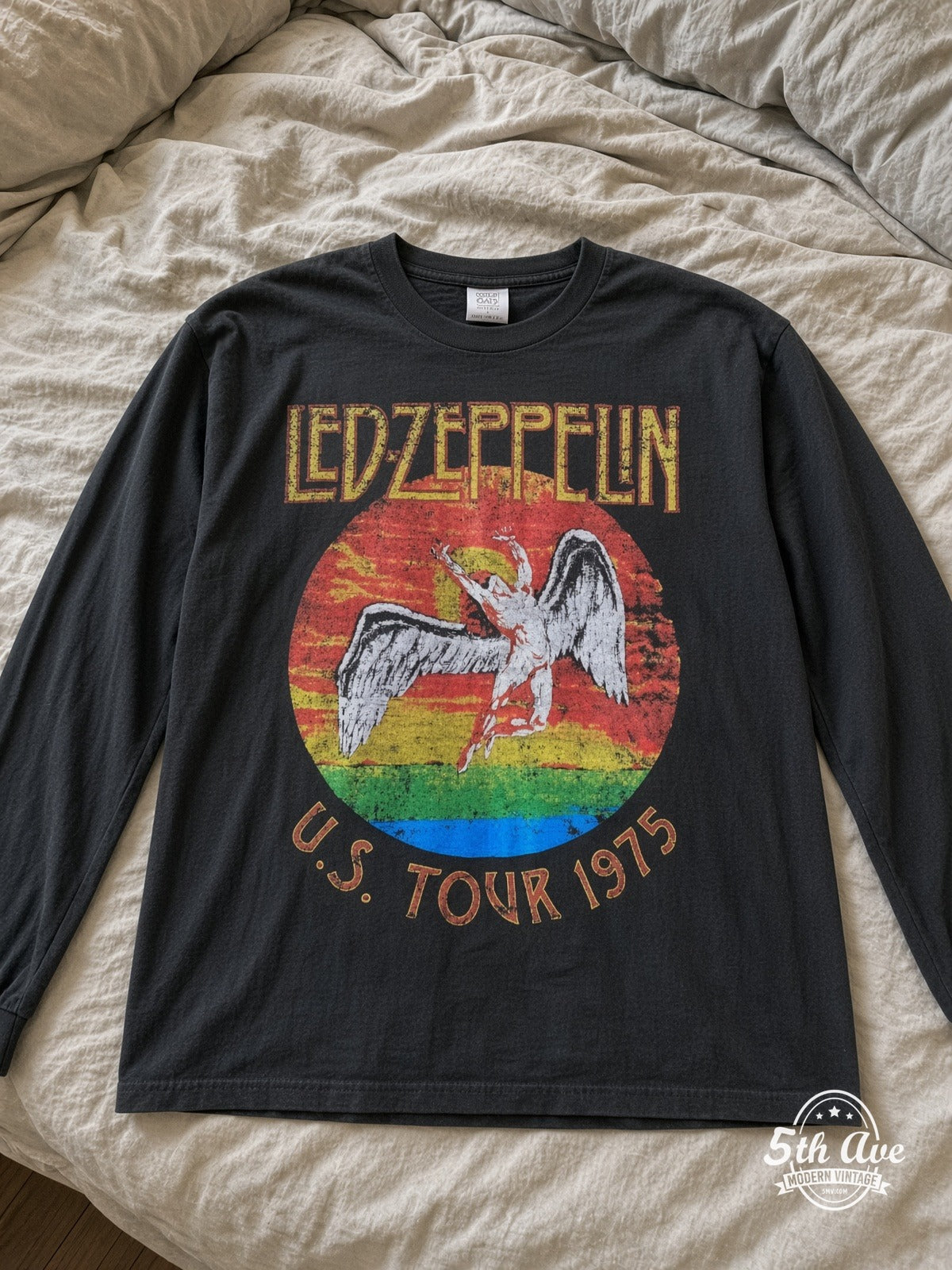 ETS LS 47 Led Zeppelin US Tour 1975 long sleeve vintage tee laid on a bed