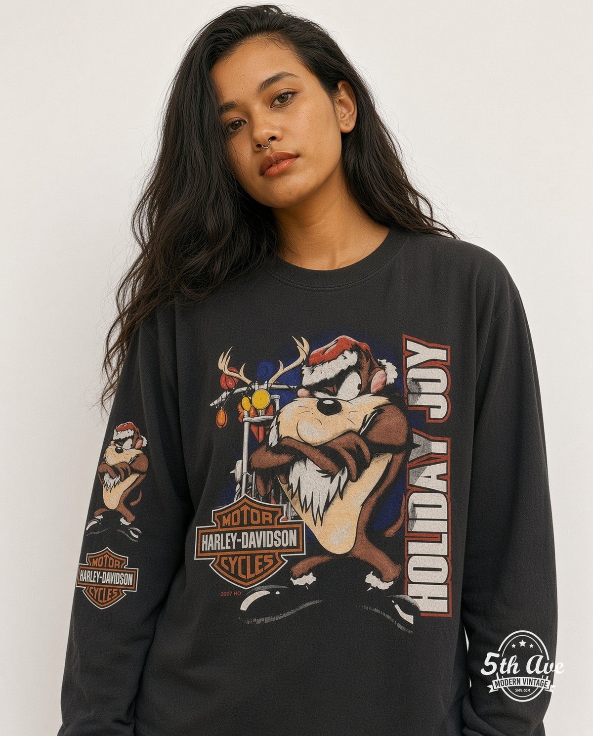 Model wearing the Harley-Davidson × Looney Tunes Taz Holiday Joy vintage band t-shirt in black
