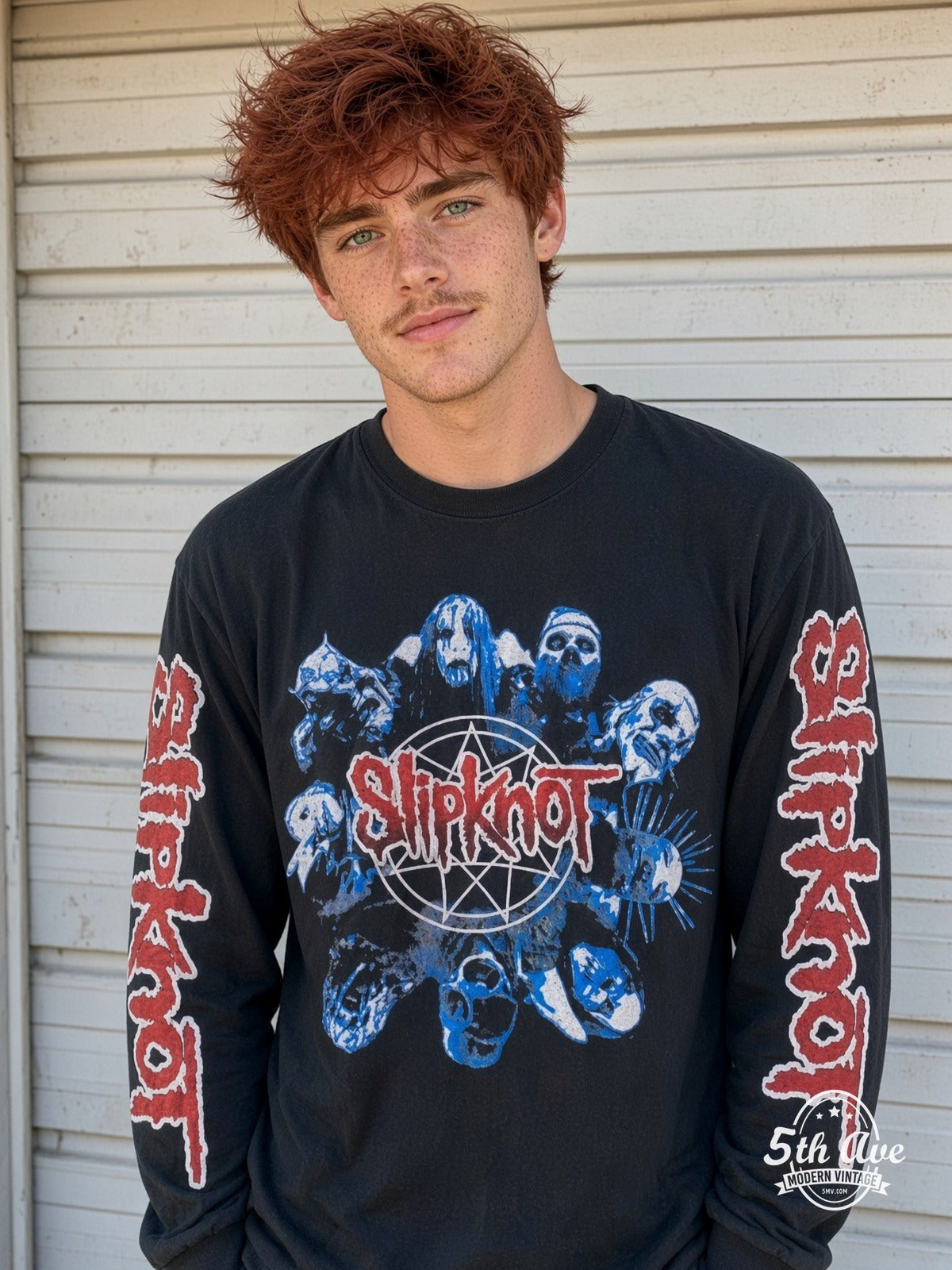 ETS LS 48 Slipknot Masks Star Logo long sleeve vintage tee worn by a model