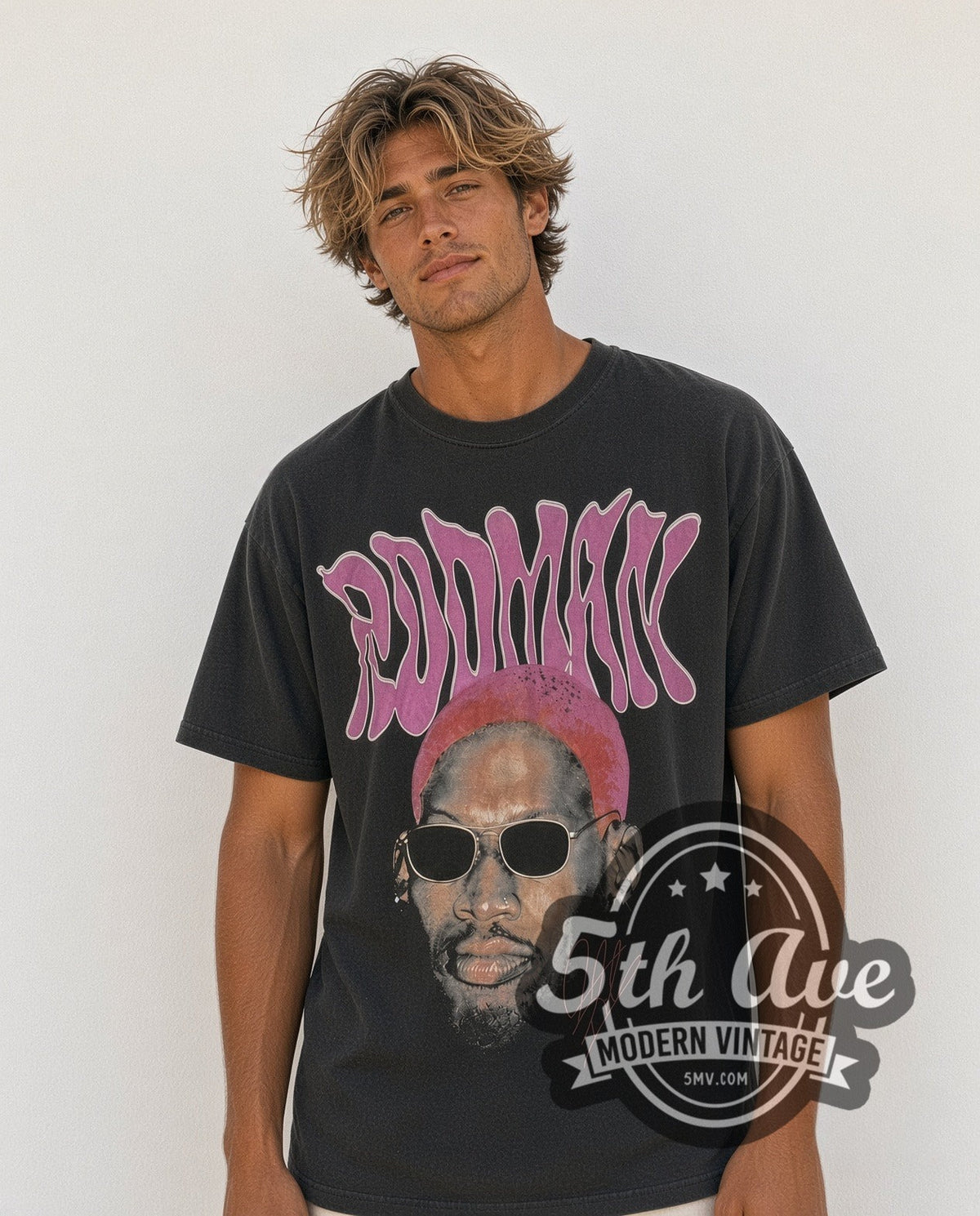 Model wearing the Dennis Rodman Pink Hair / The Worm 91 vintage graphic t-shirt