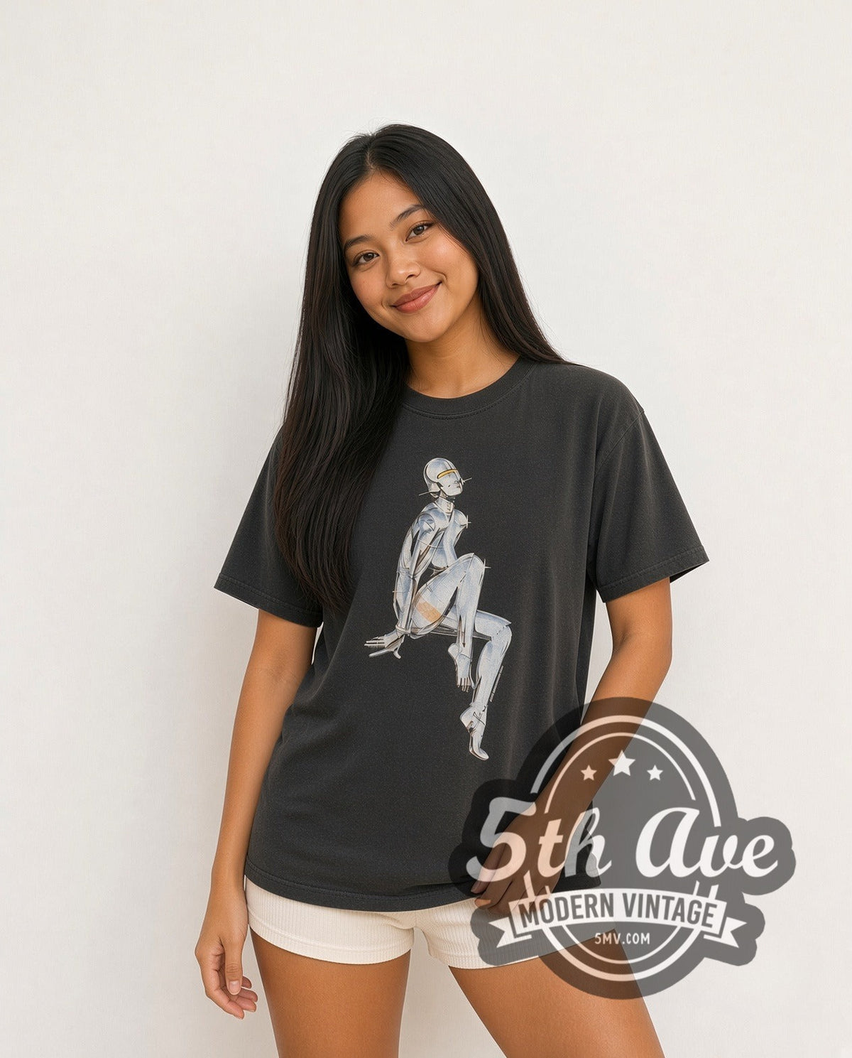Model wearing the Hajime Sorayama Sexy Robot Chrome vintage graphic t-shirt