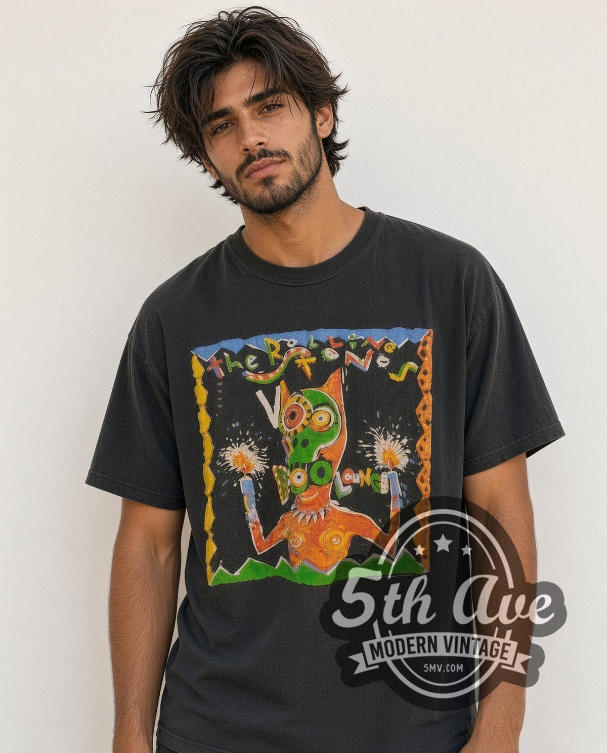 Model wearing The Rolling Stones Voodoo Lounge World Tour 1994 vintage band t-shirt in black