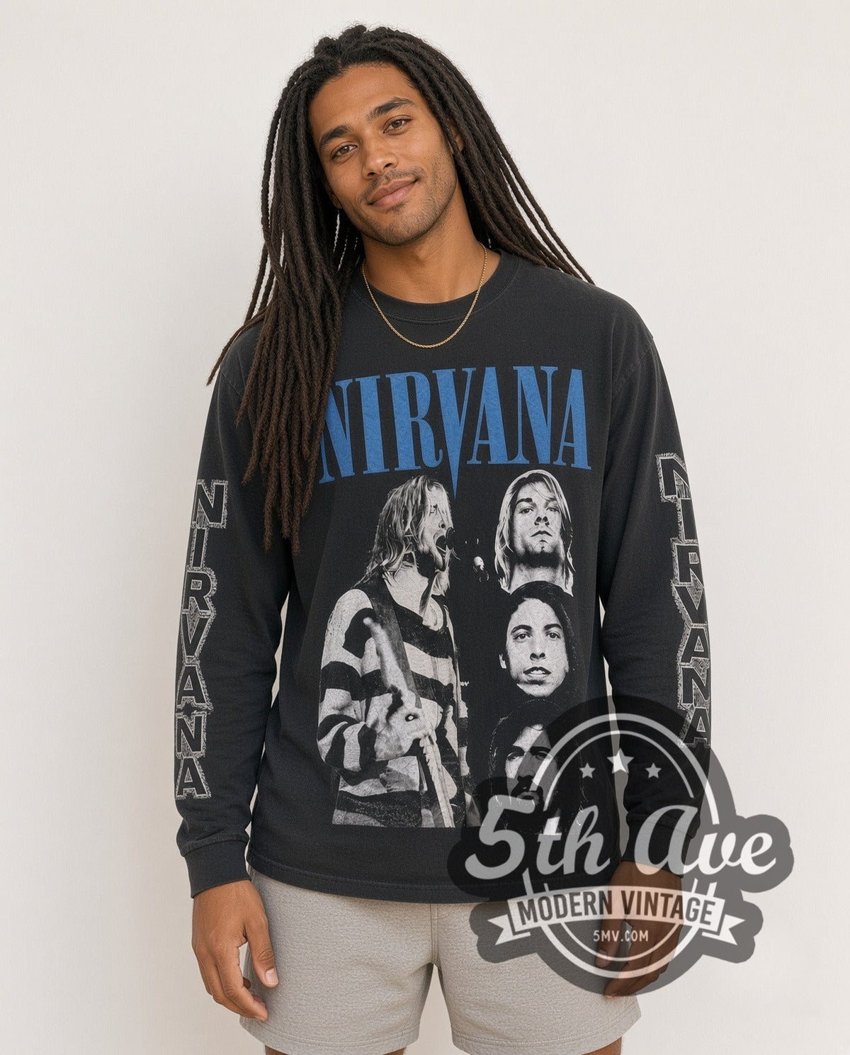Model wearing the Nirvana 1987-1994 Band Portraits Long Sleeve vintage band t-shirt in black