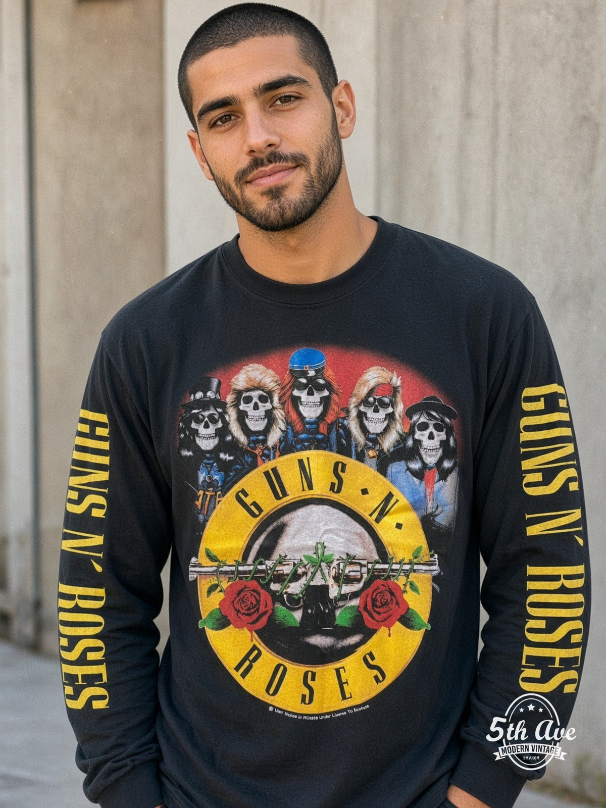 ETS LS 51 Guns N' Roses Skulls Bullet Logo long sleeve vintage tee worn by a model