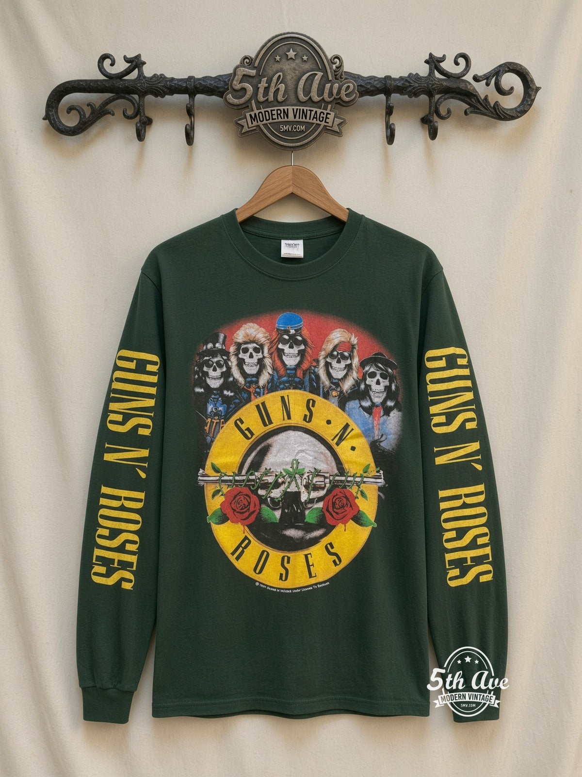 ETS LS 51 Guns N' Roses Skulls Bullet Logo long sleeve vintage tee on rack, front