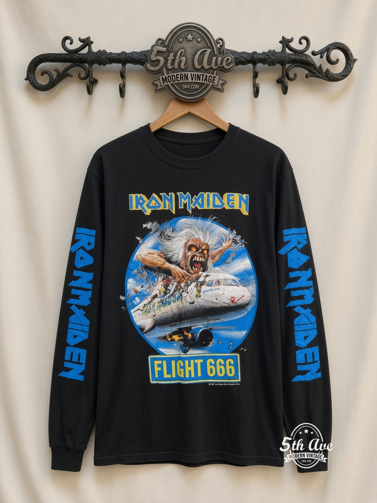 ETS LS 53 Iron Maiden Flight 666 long sleeve vintage tee on rack, front