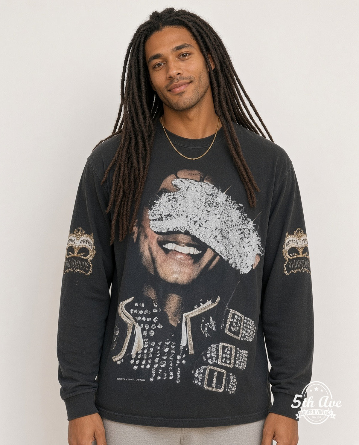 Model wearing the Michael Jackson King of Pop She Drives Me Wild long sleeve vintage band t-shirt in faded black