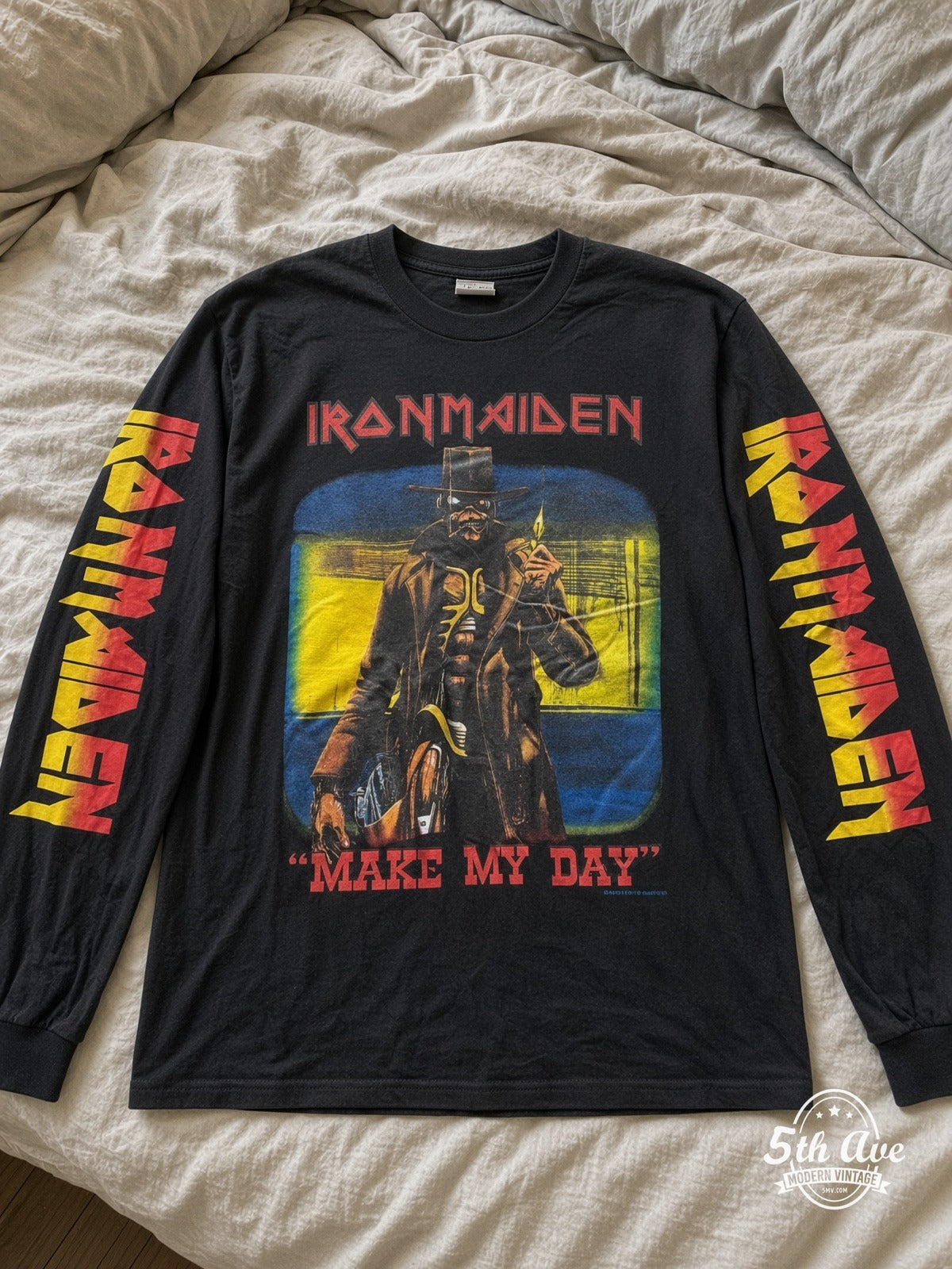 ETS LS 54 Iron Maiden Make My Day long sleeve vintage tee laid on a bed