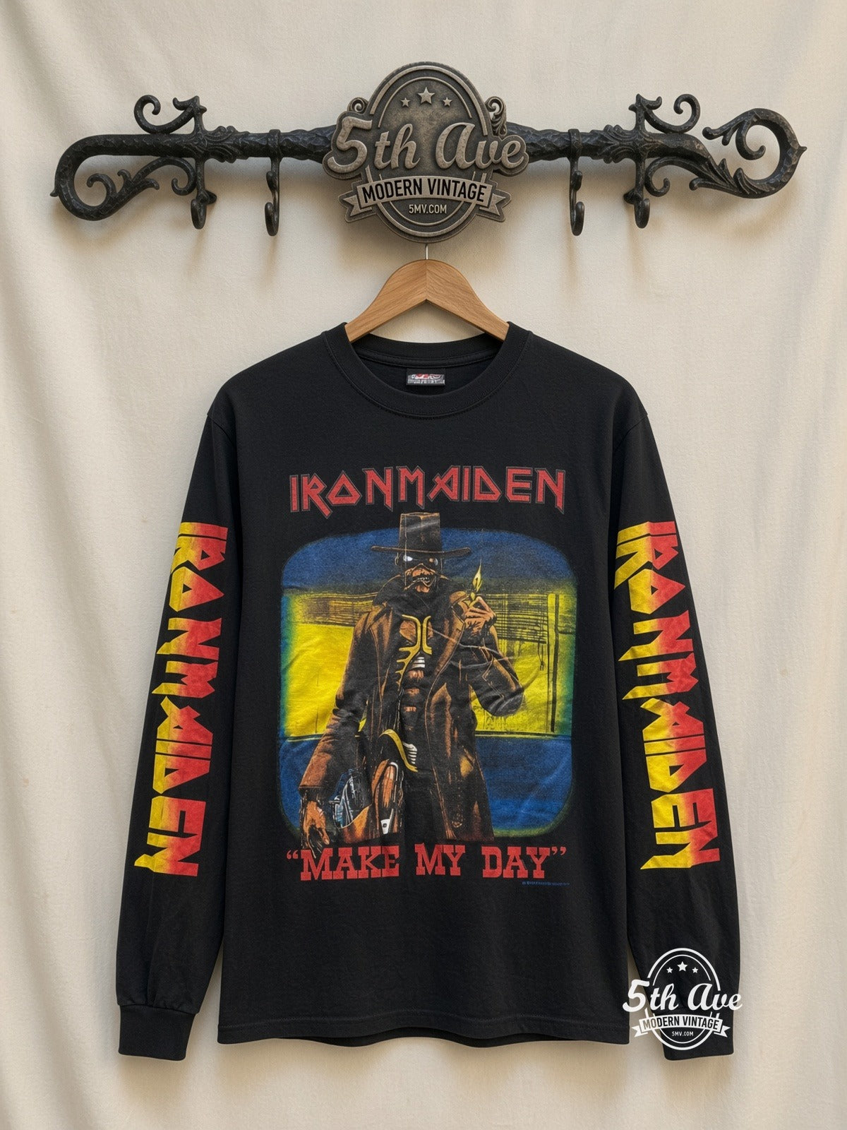 ETS LS 54 Iron Maiden Make My Day long sleeve vintage tee on rack, front