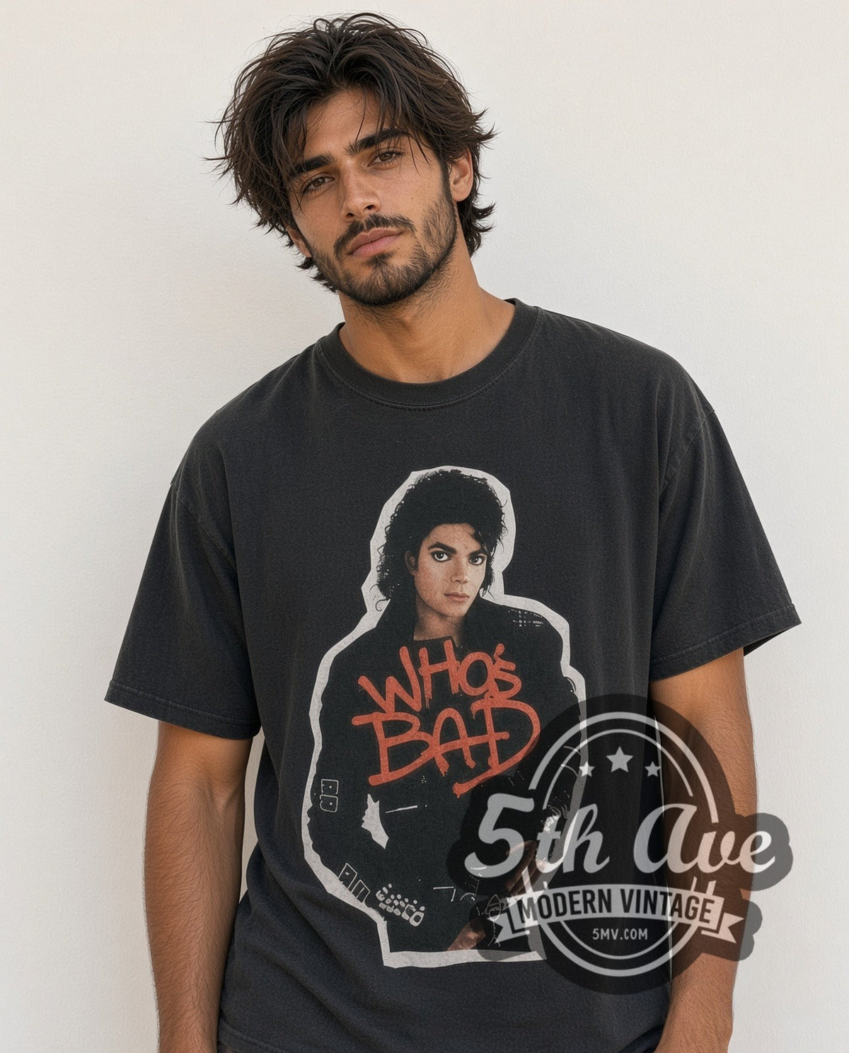 Model wearing the Michael Jackson 1988 Bad Tour vintage band t-shirt