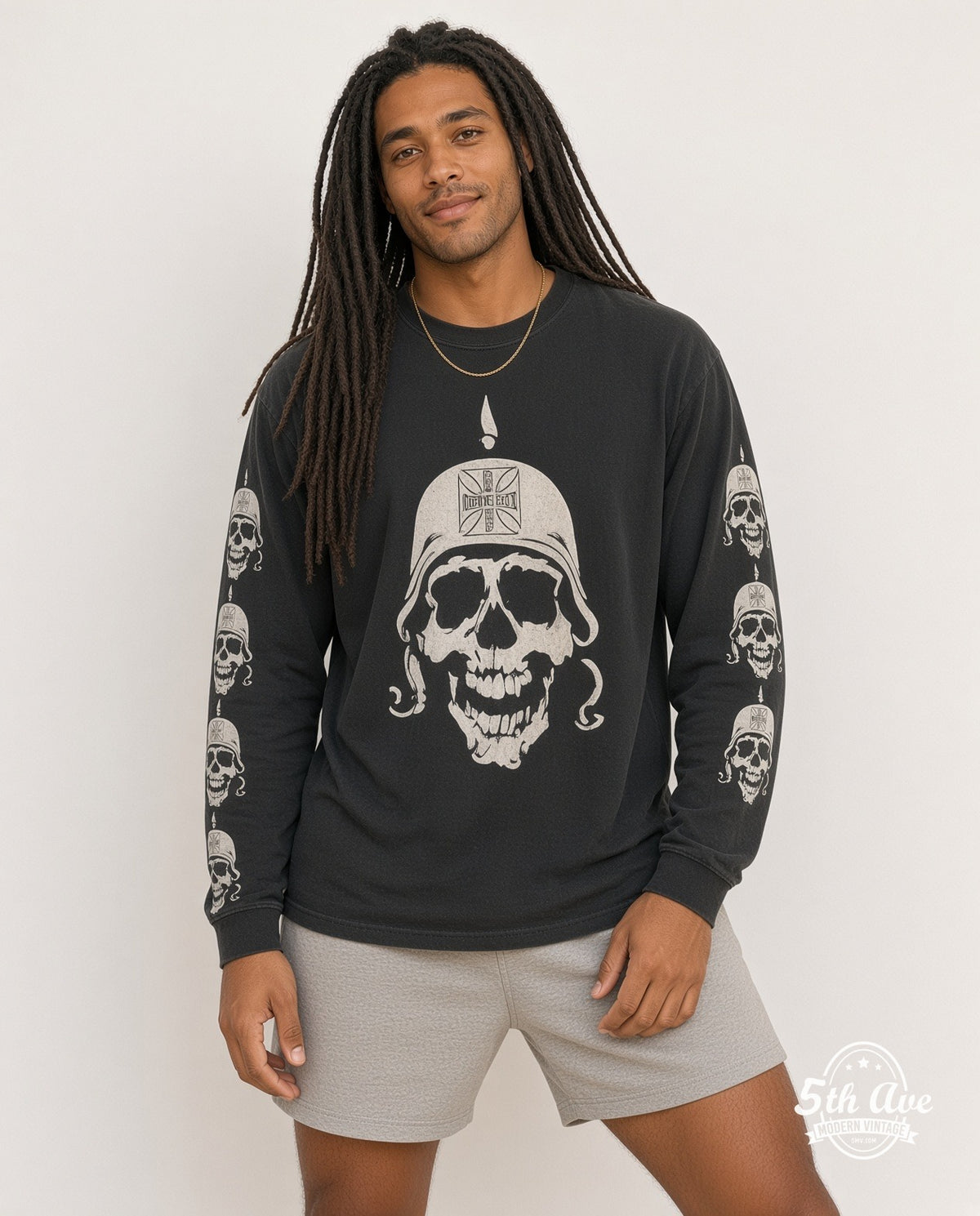 Model wearing the West Coast Choppers Stahlhelm Skull Iron Cross long sleeve t-shirt