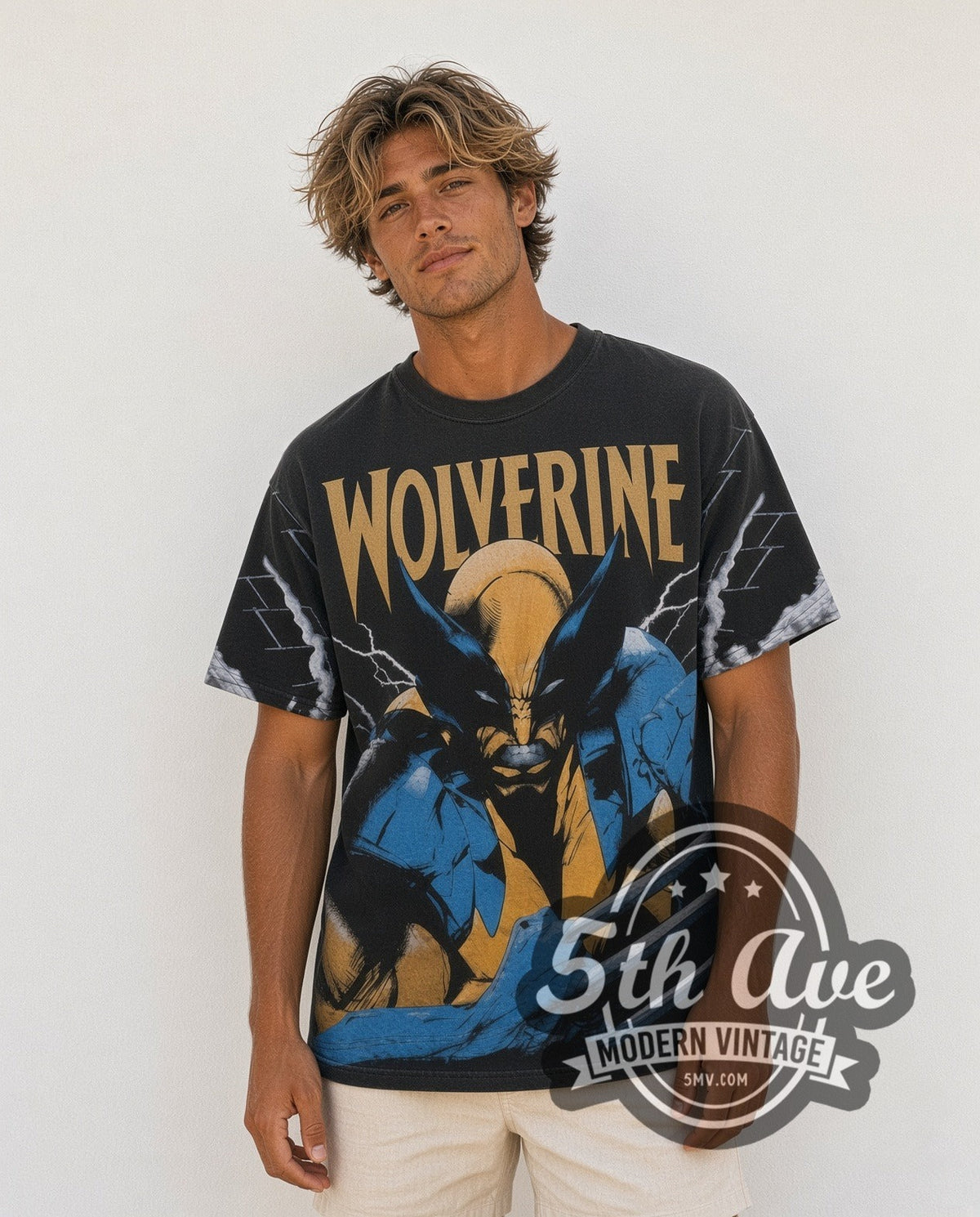 Model wearing the Wolverine all-over-print vintage movie tee