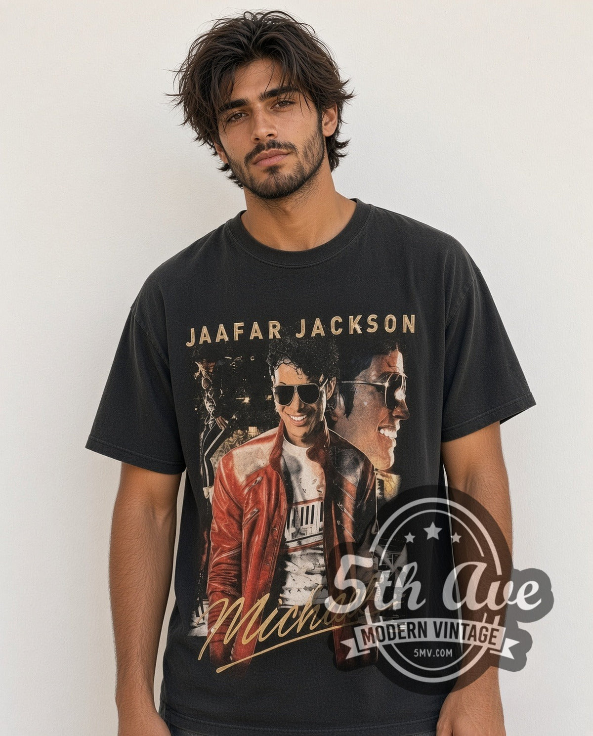 Model wearing the Michael Jackson Jaafar Jackson Red Jacket Script vintage band t-shirt