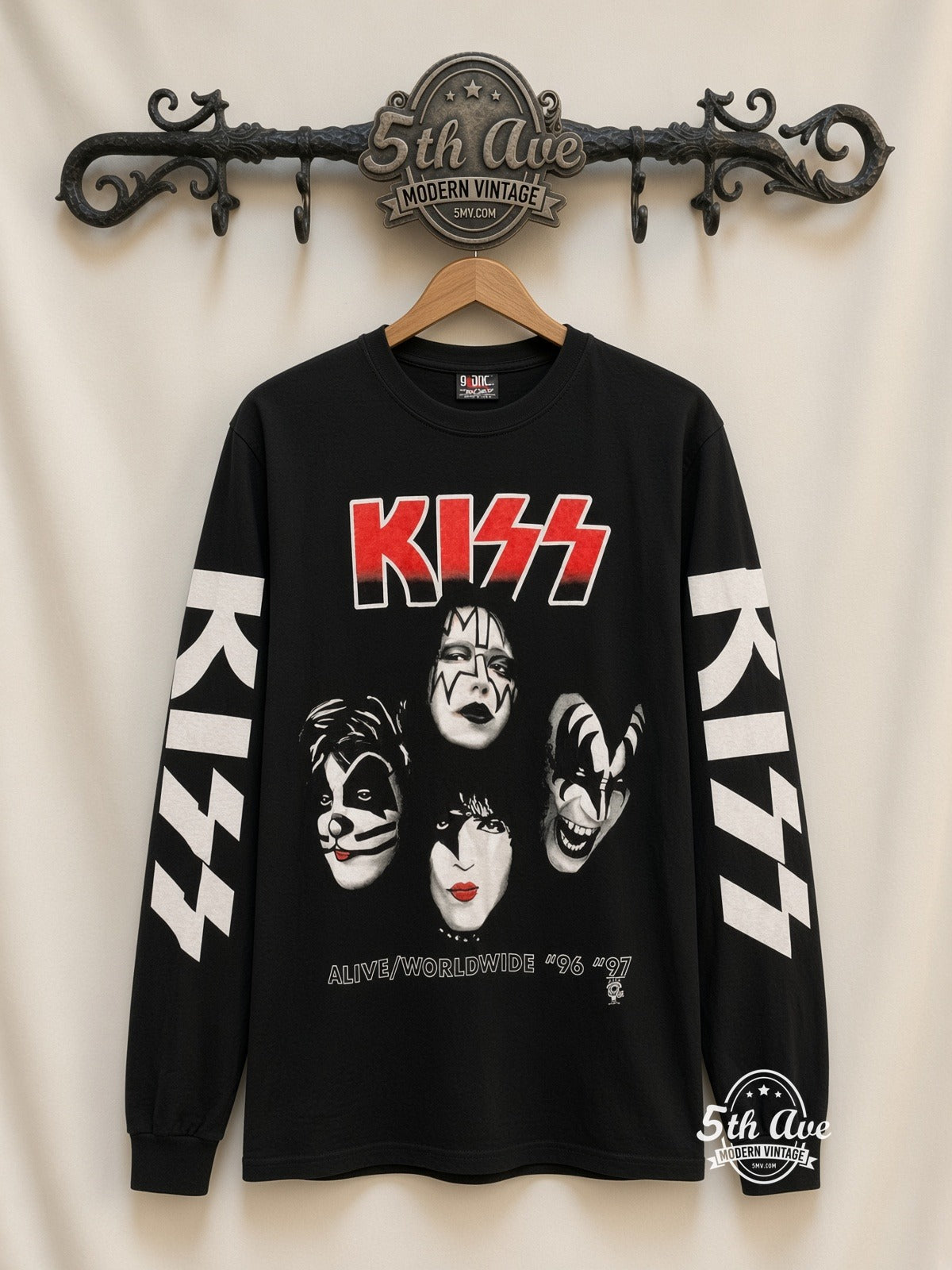 ETS LS 55 KISS Alive Worldwide 96-97 long sleeve vintage tee on rack, front