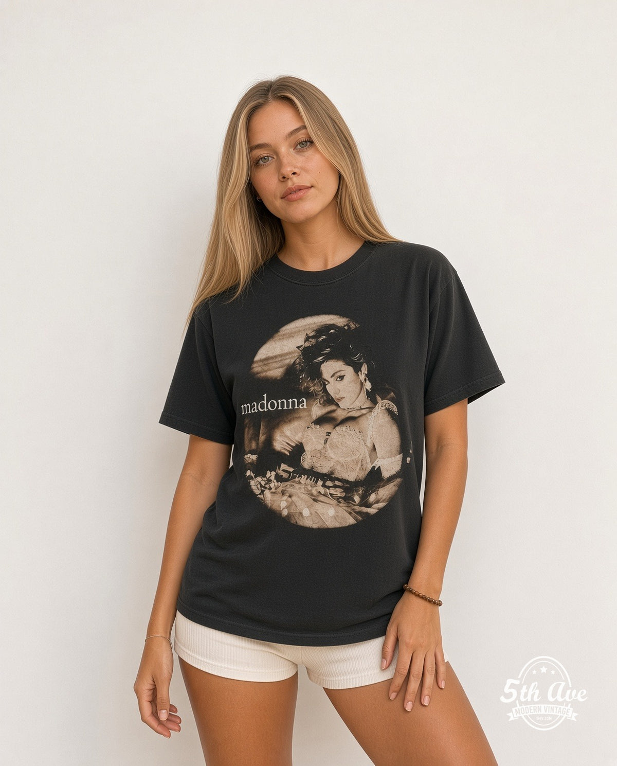 Model wearing the Madonna Virgin Tour 1985 Lace Portrait vintage band t-shirt