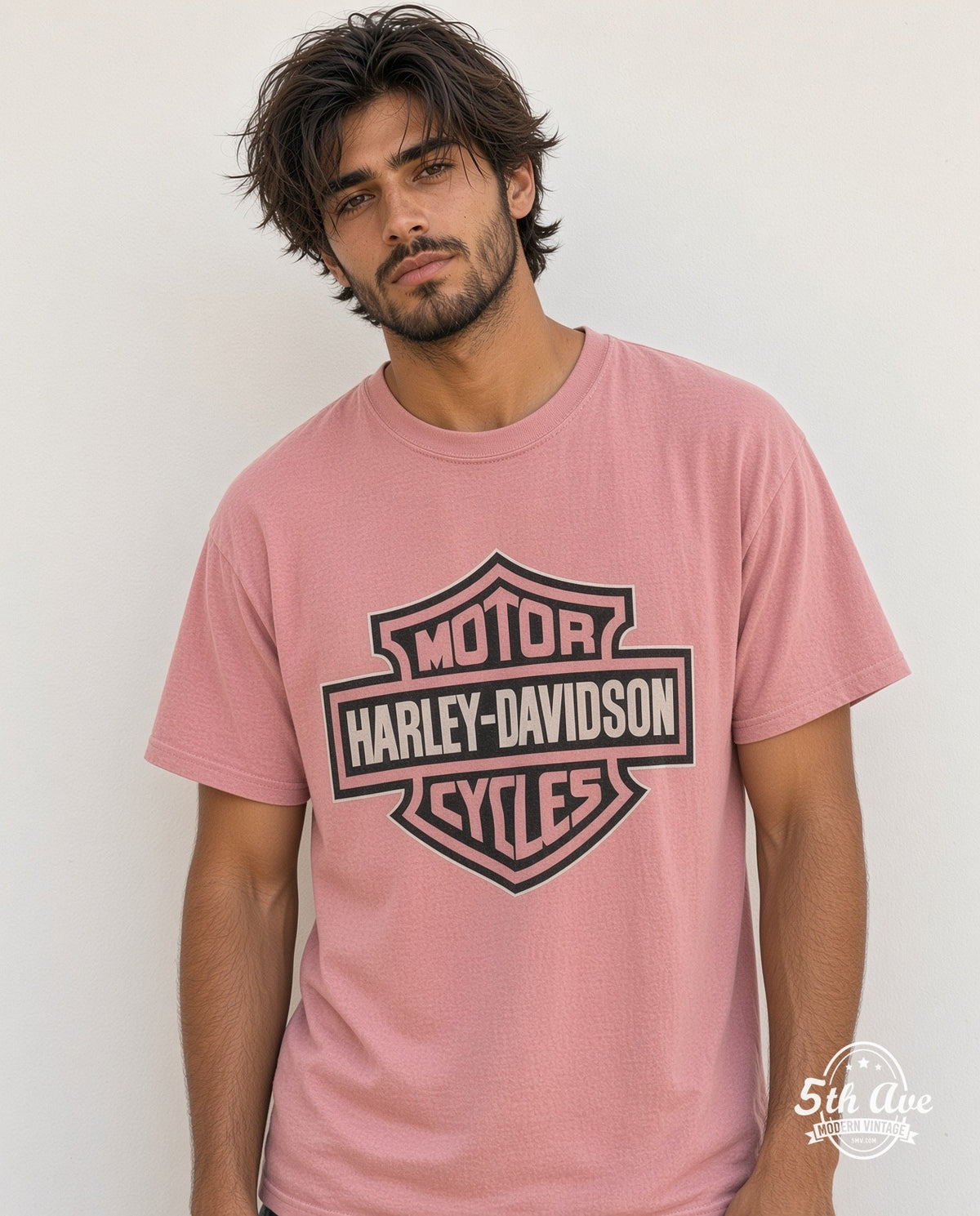 Model wearing the pink Harley-Davidson bar and shield t-shirt