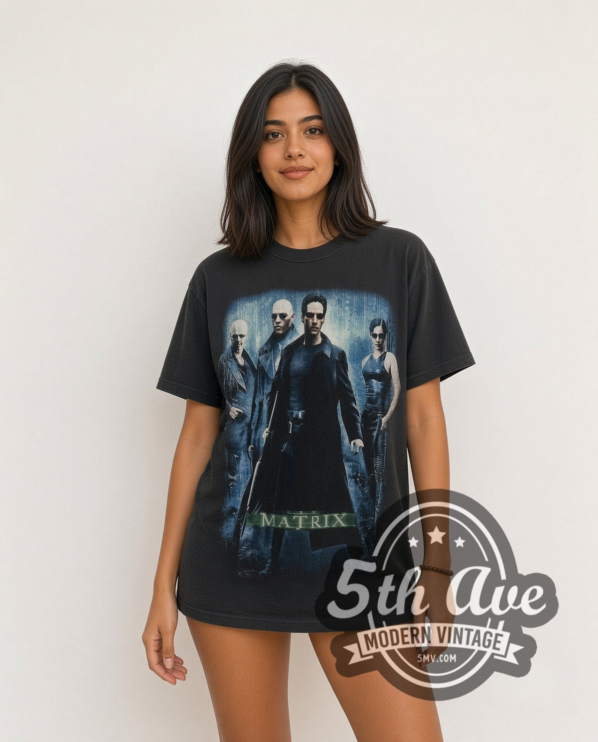 Model wearing The Matrix vintage movie t-shirt