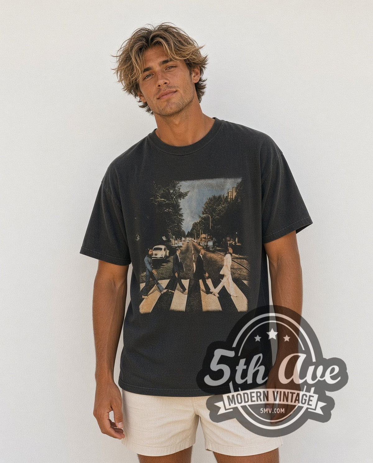 Model wearing The Beatles Abbey Road Crossing vintage band t-shirt