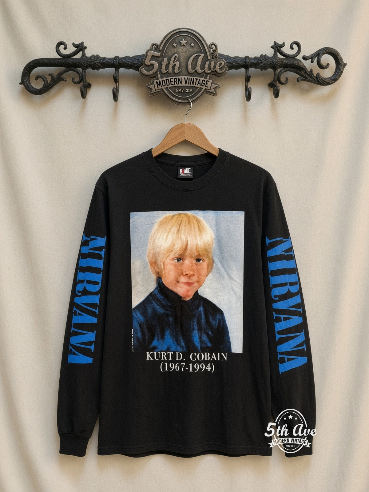 ETS LS 58 Nirvana Kurt D. Cobain 1967-1994 Childhood long sleeve vintage tee on rack, front
