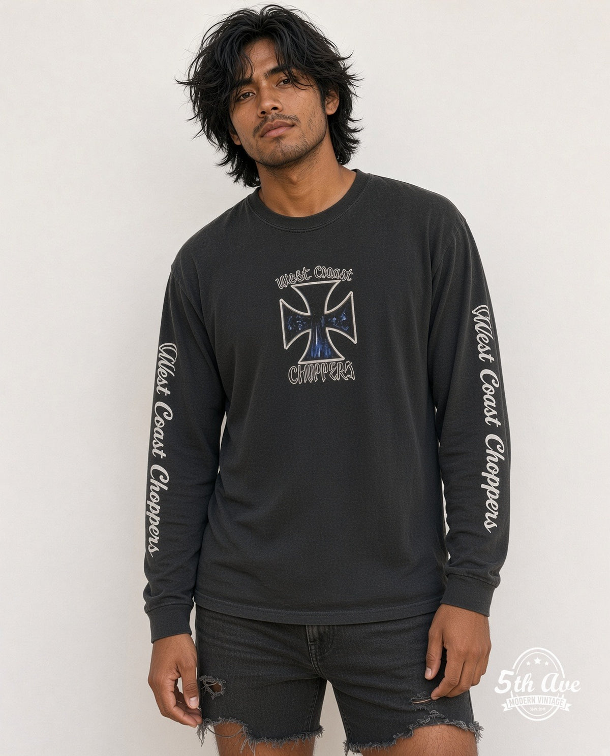 Model wearing the West Coast Choppers Blue Flame Cross Chopper Back long sleeve t-shirt