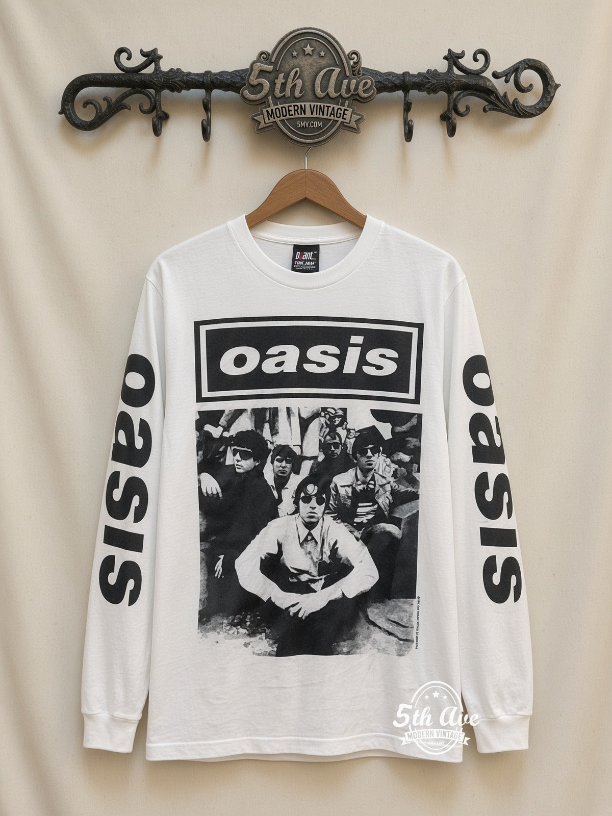 ETS LS 60 Oasis Band Photo long sleeve vintage tee on rack, front