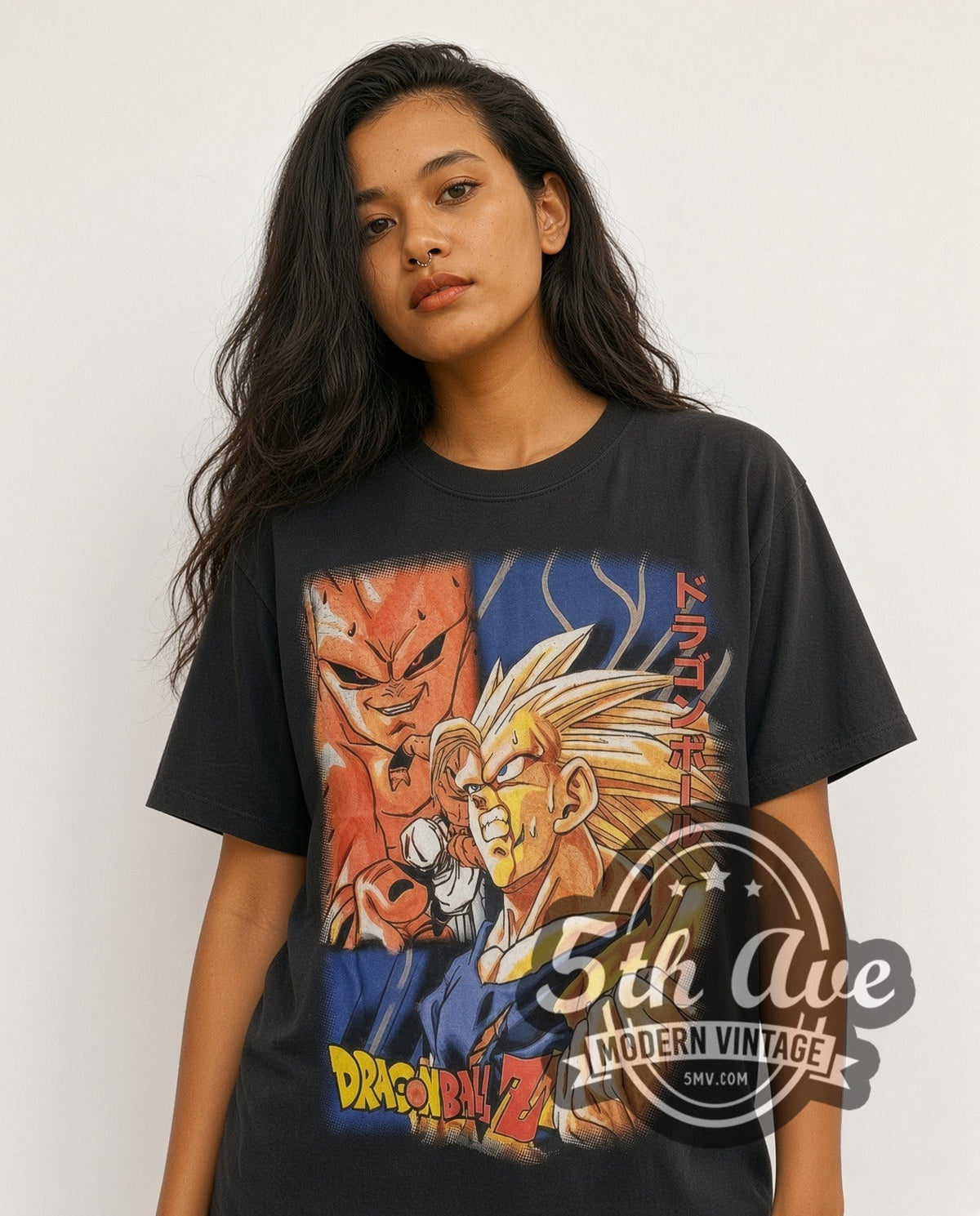 Model wearing the Dragon Ball Z Majin Buu Saga all-over-print vintage graphic t-shirt
